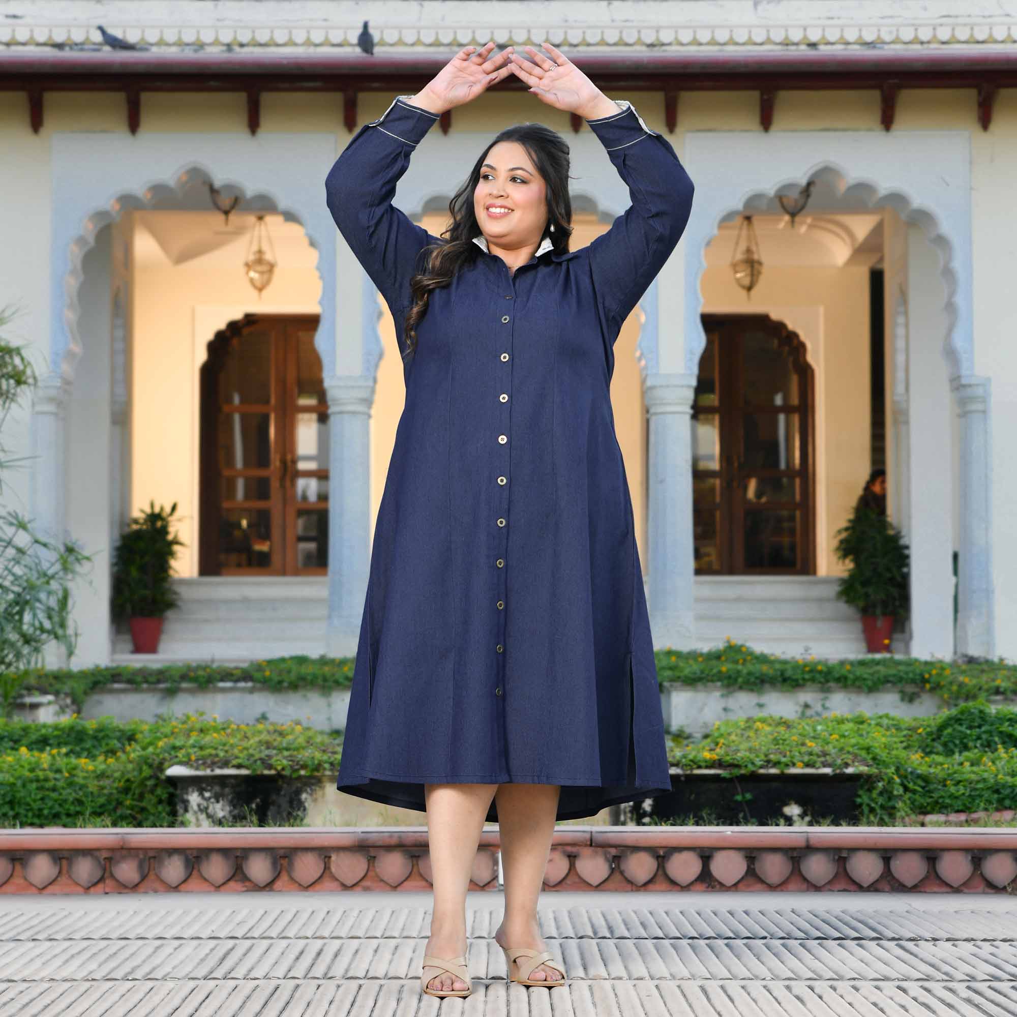 Forever- Deep Blue Denim Lycra Aline Shirt Dress