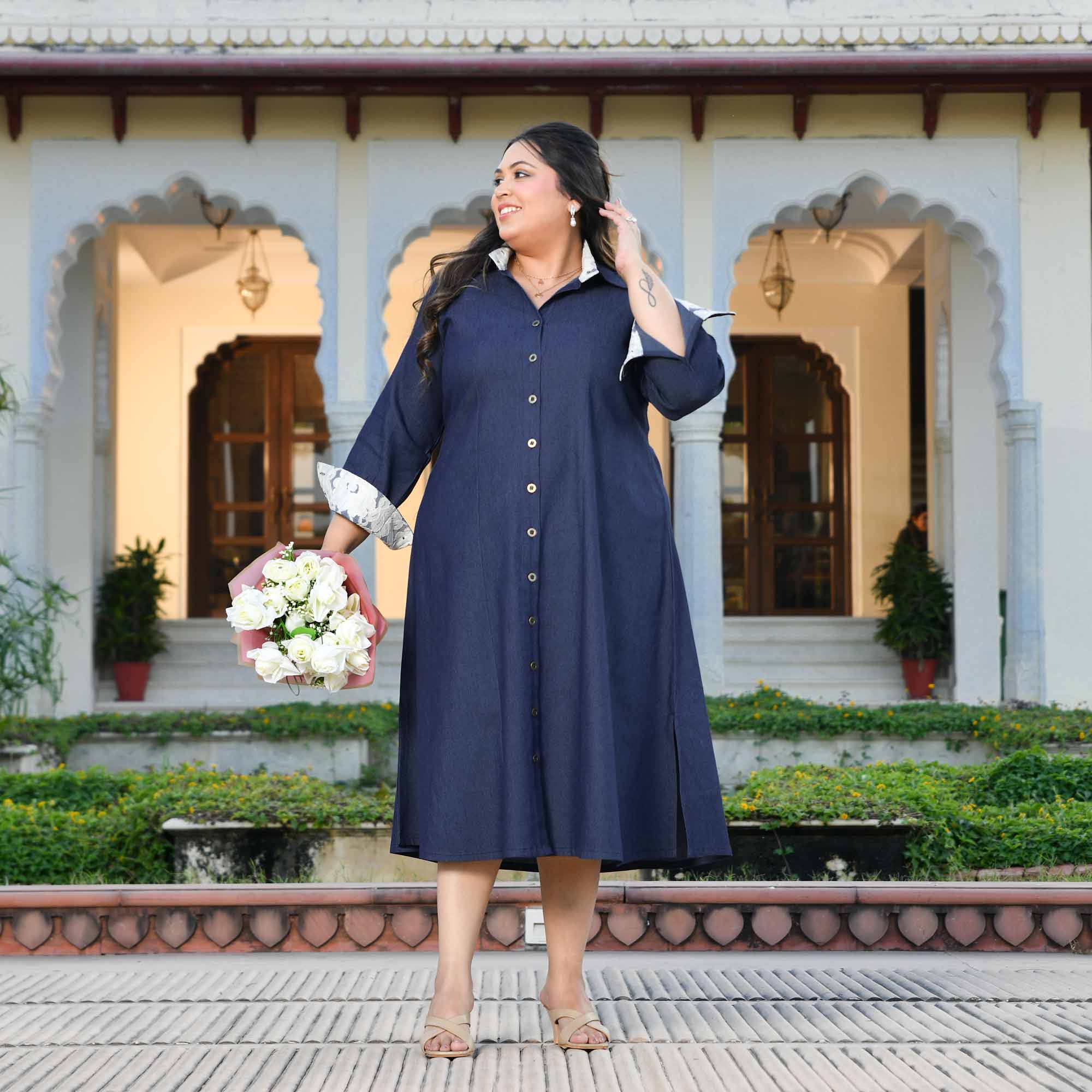 Forever- Deep Blue Denim Lycra Aline Shirt Dress