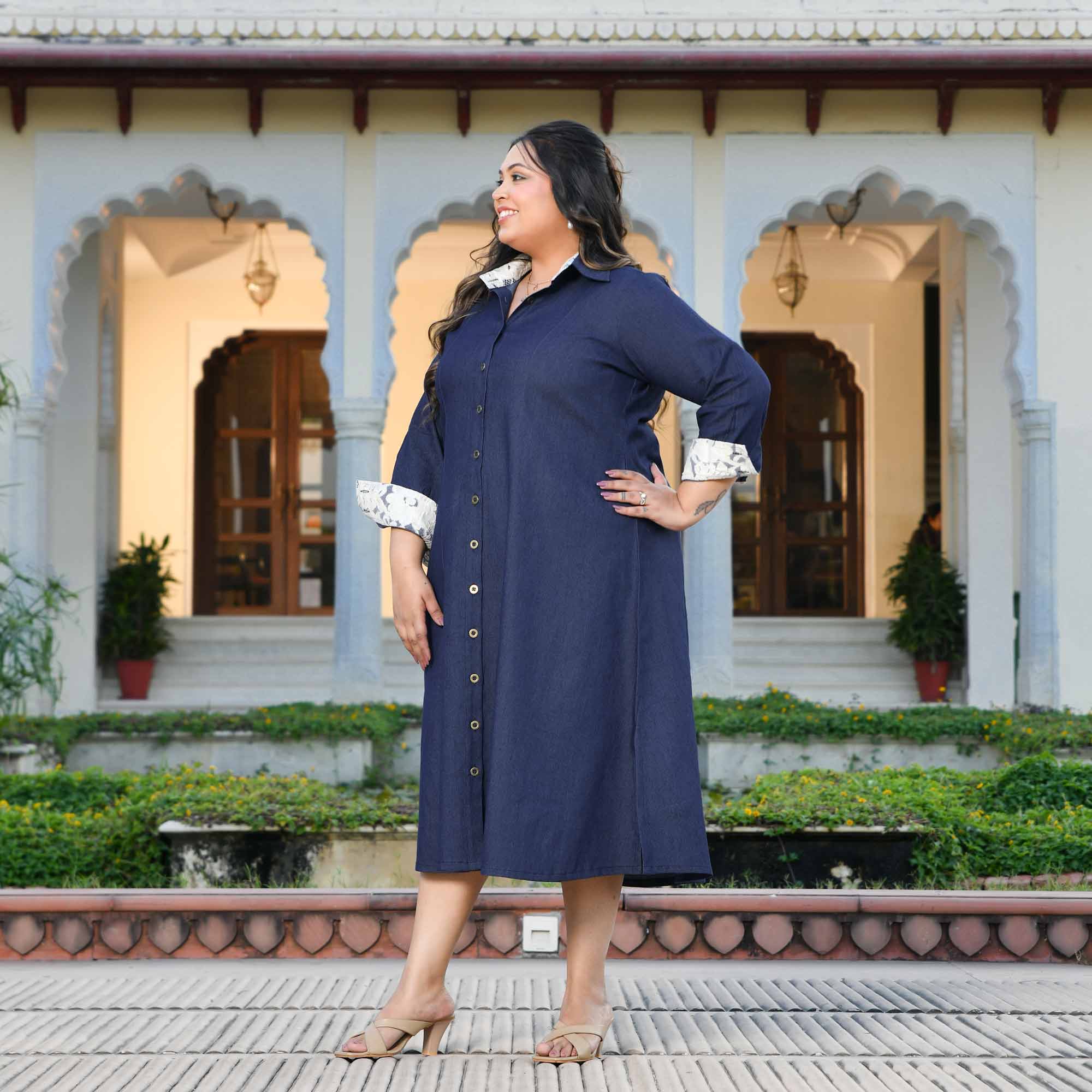 Forever- Deep Blue Denim Lycra Aline Shirt Dress