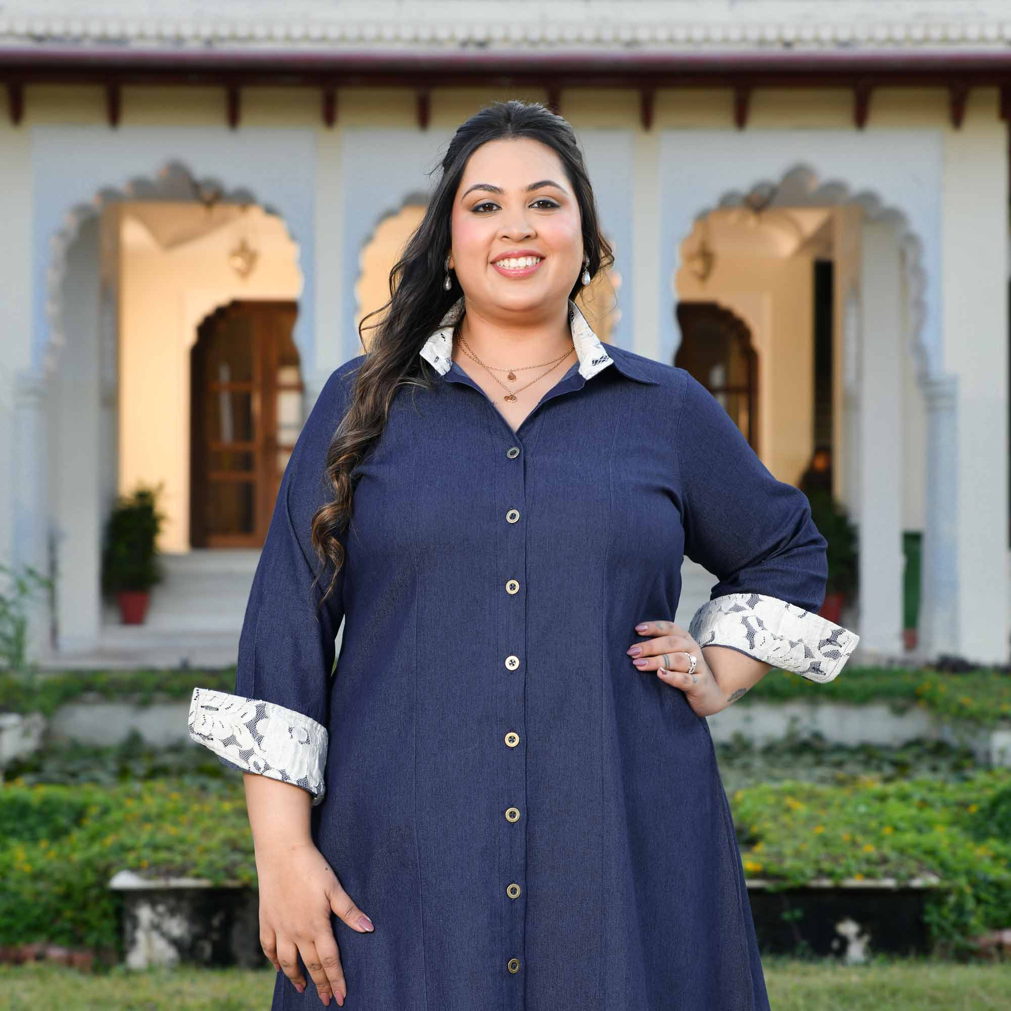 Forever- Deep Blue Denim Lycra Aline Shirt Dress