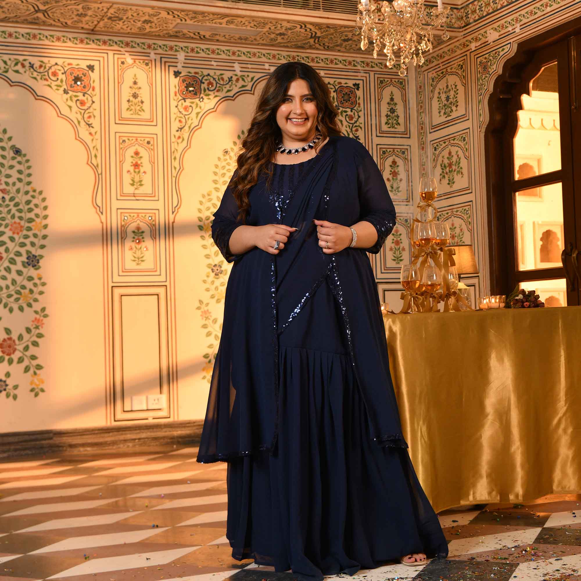 Martini- Navy Blue Sequin Embellished Drape Saree Set with Cape