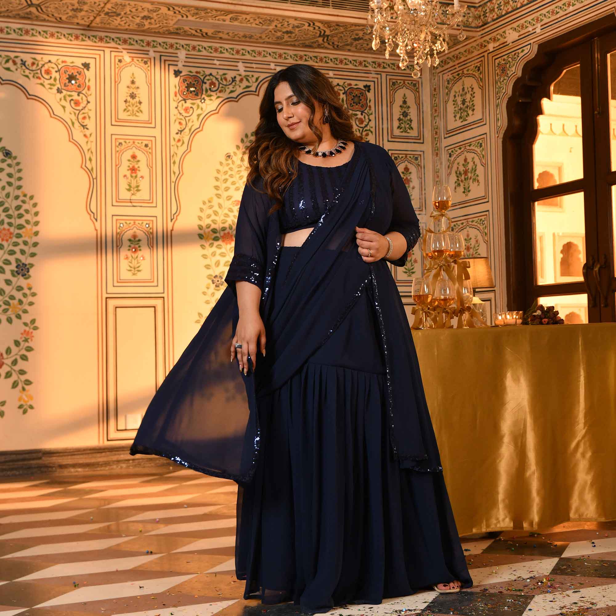 Martini- Navy Blue Sequin Embellished Drape Saree Set with Cape