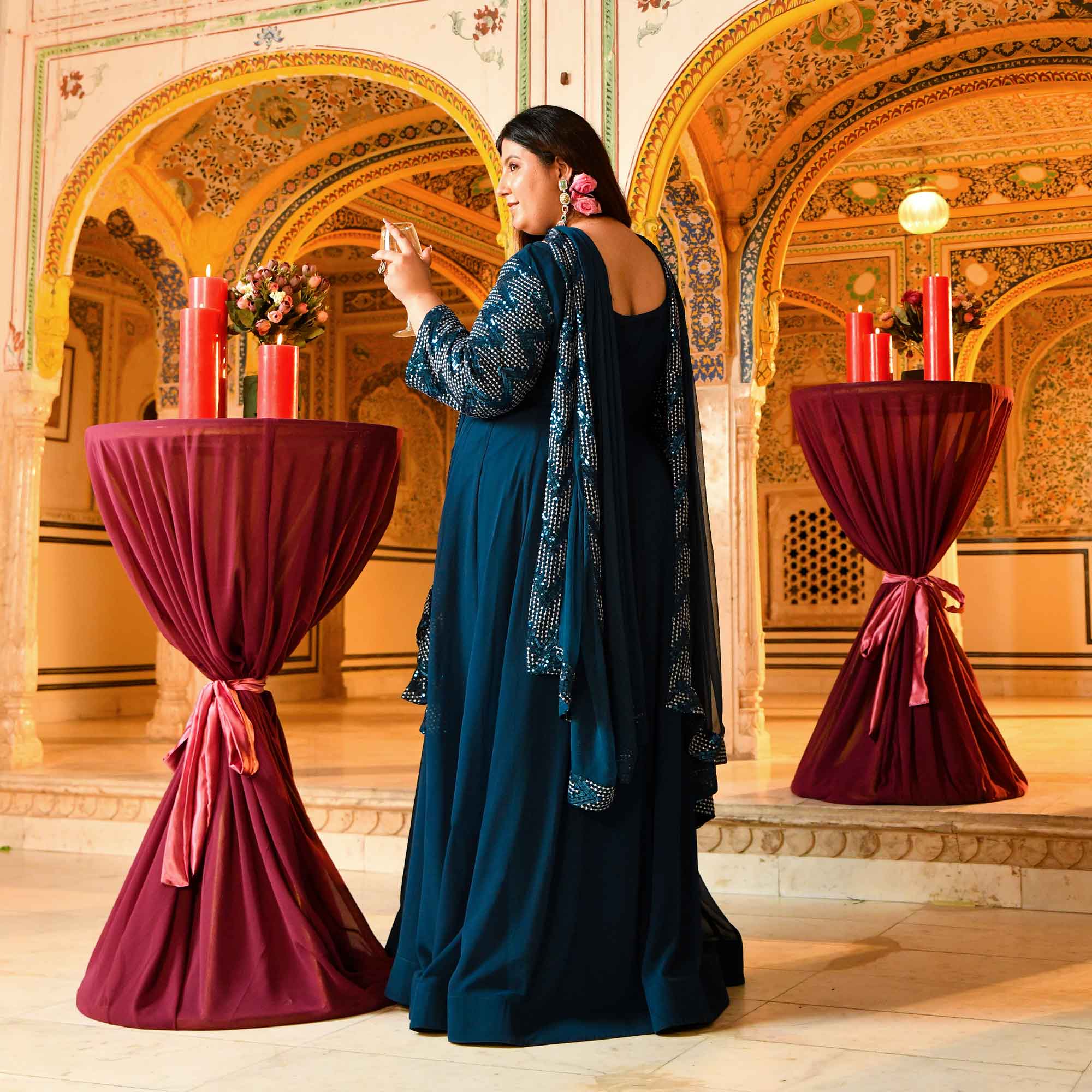 Tiffany- Deep Teal Sequin Embroidered Drape Anarkali Dress