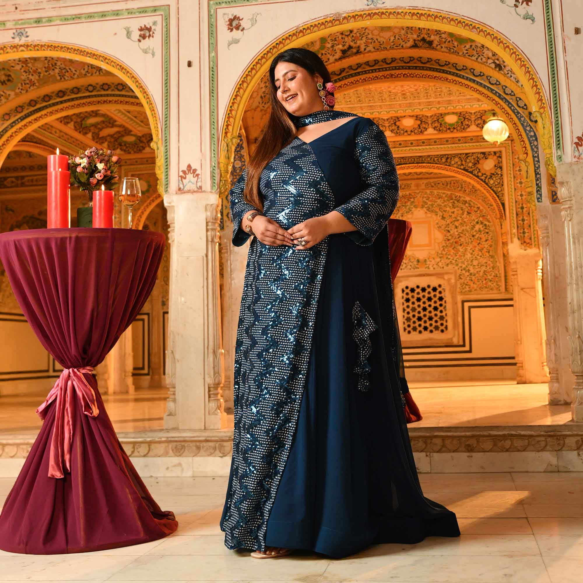 Tiffany- Deep Teal Sequin Embroidered Drape Anarkali Dress