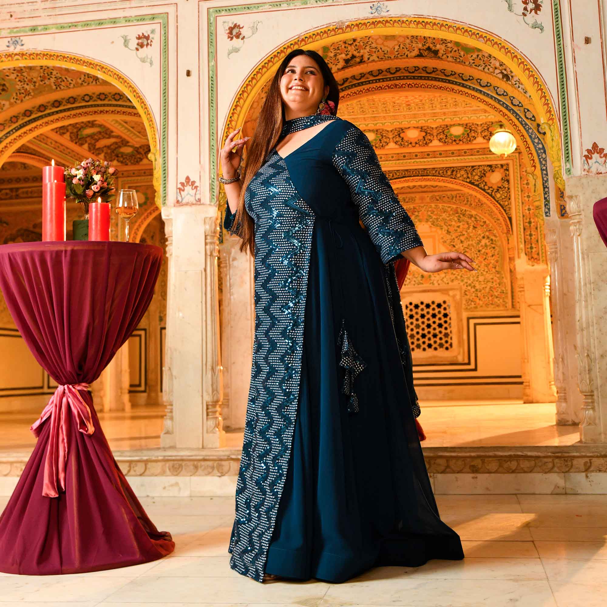 Tiffany- Deep Teal Sequin Embroidered Drape Anarkali Dress