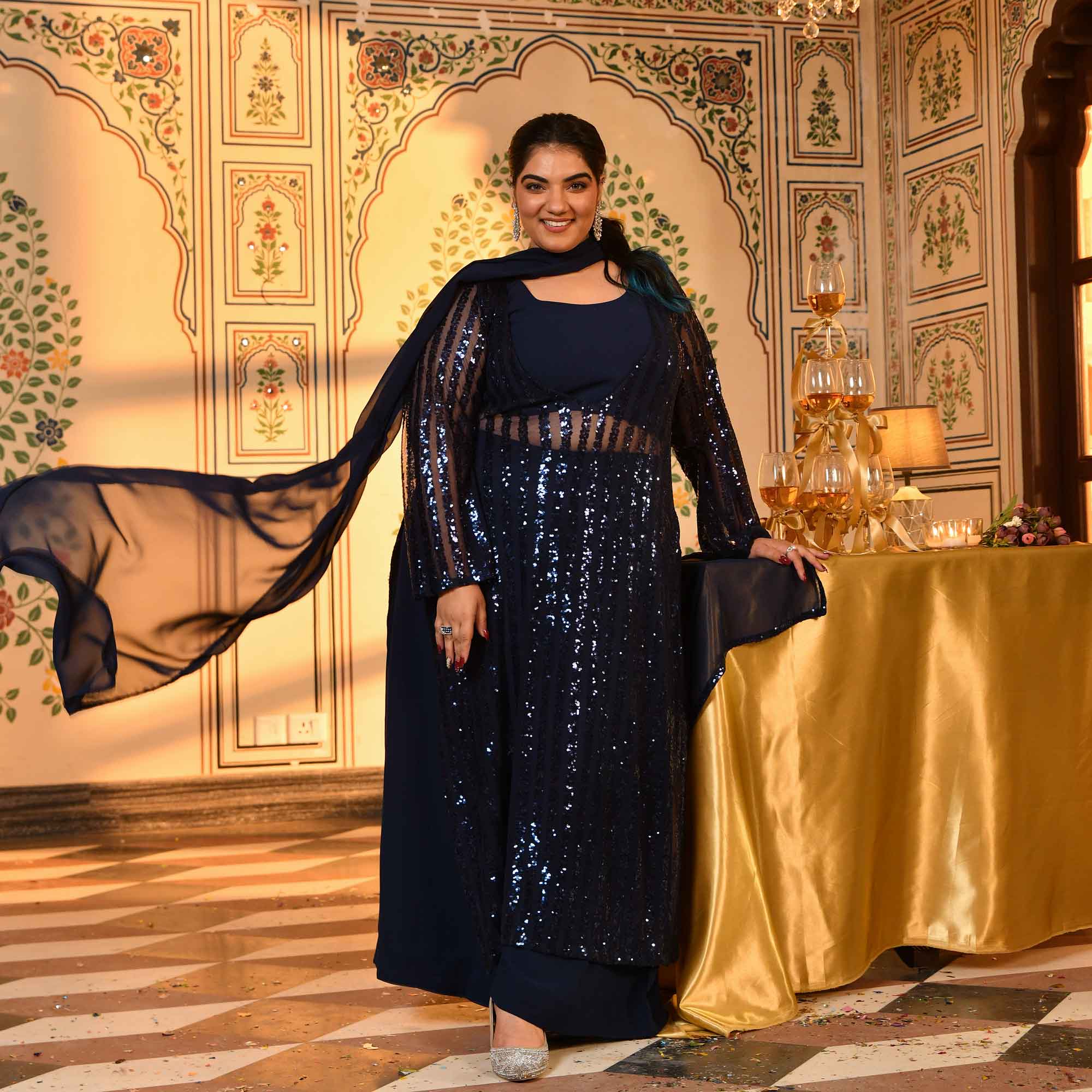 Toronto- Navy Blue Sequin Embellished Stretchable Cape Set