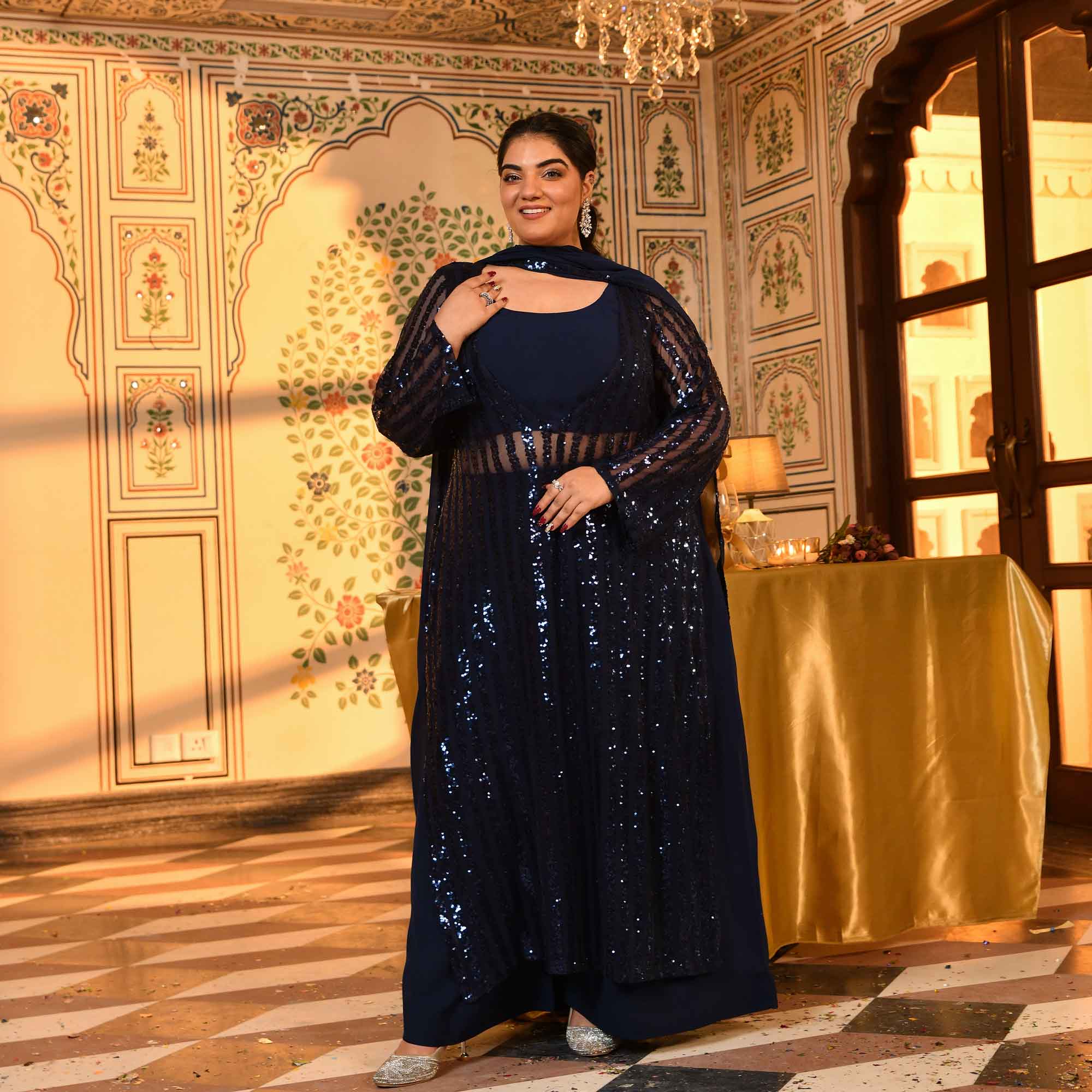 Toronto- Navy Blue Sequin Embellished Stretchable Cape Set