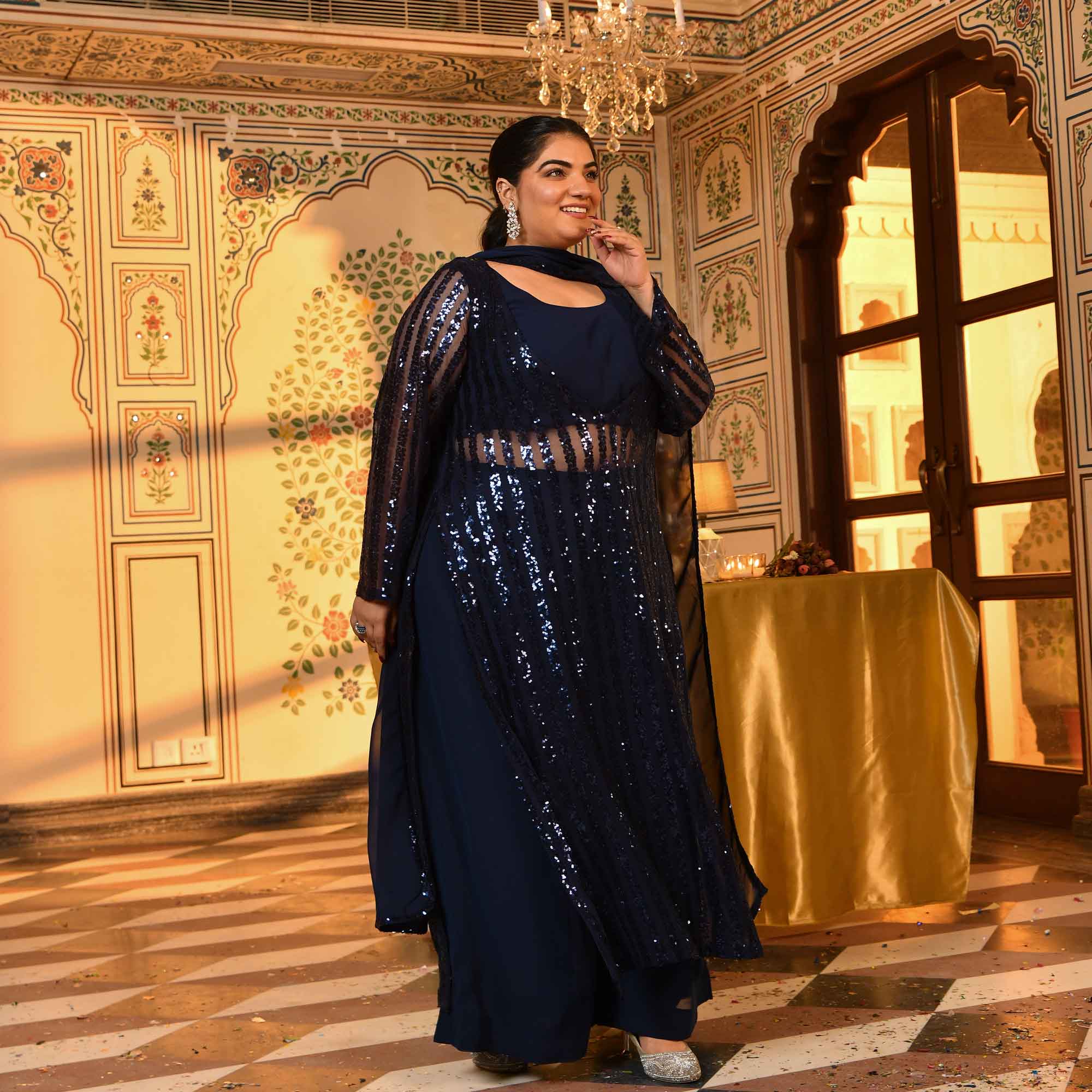 Toronto- Navy Blue Sequin Embellished Stretchable Cape Set