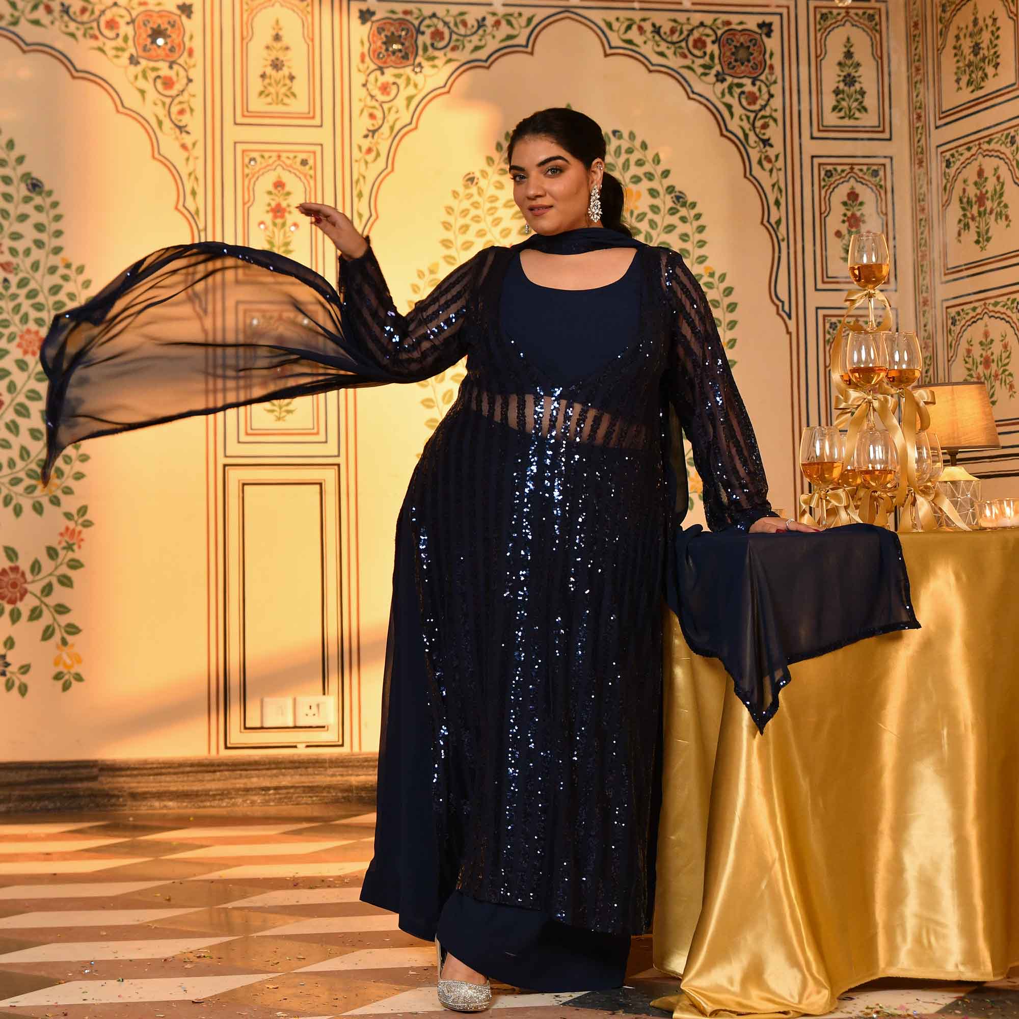 Toronto- Navy Blue Sequin Embellished Stretchable Cape Set