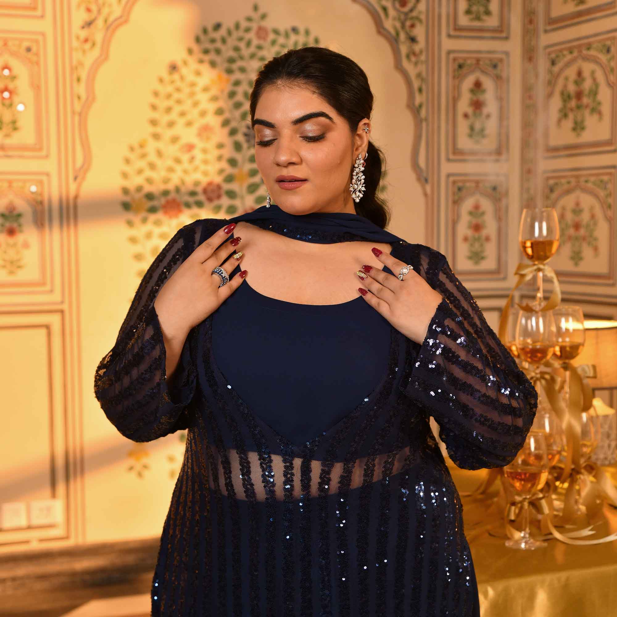 Toronto- Navy Blue Sequin Embellished Stretchable Cape Set