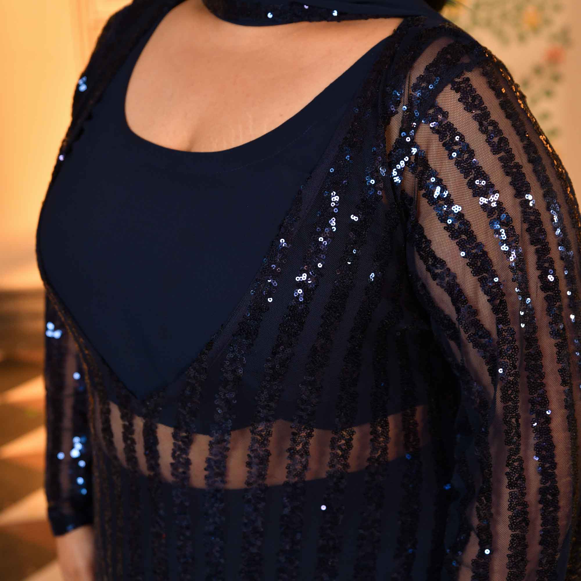 Toronto- Navy Blue Sequin Embellished Stretchable Cape Set