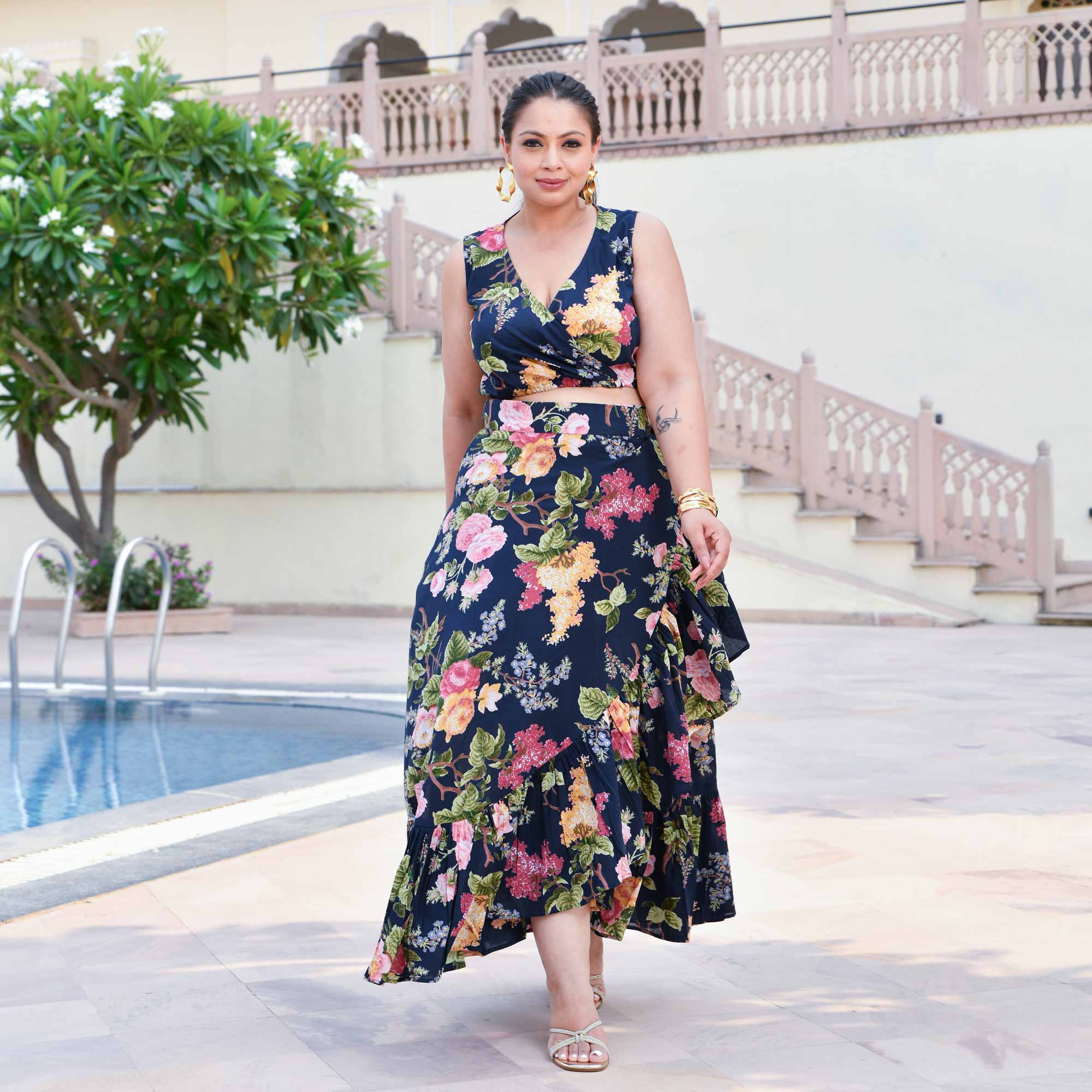 Evening Rose Cotton Wrape Skirt Top Set (Blue)