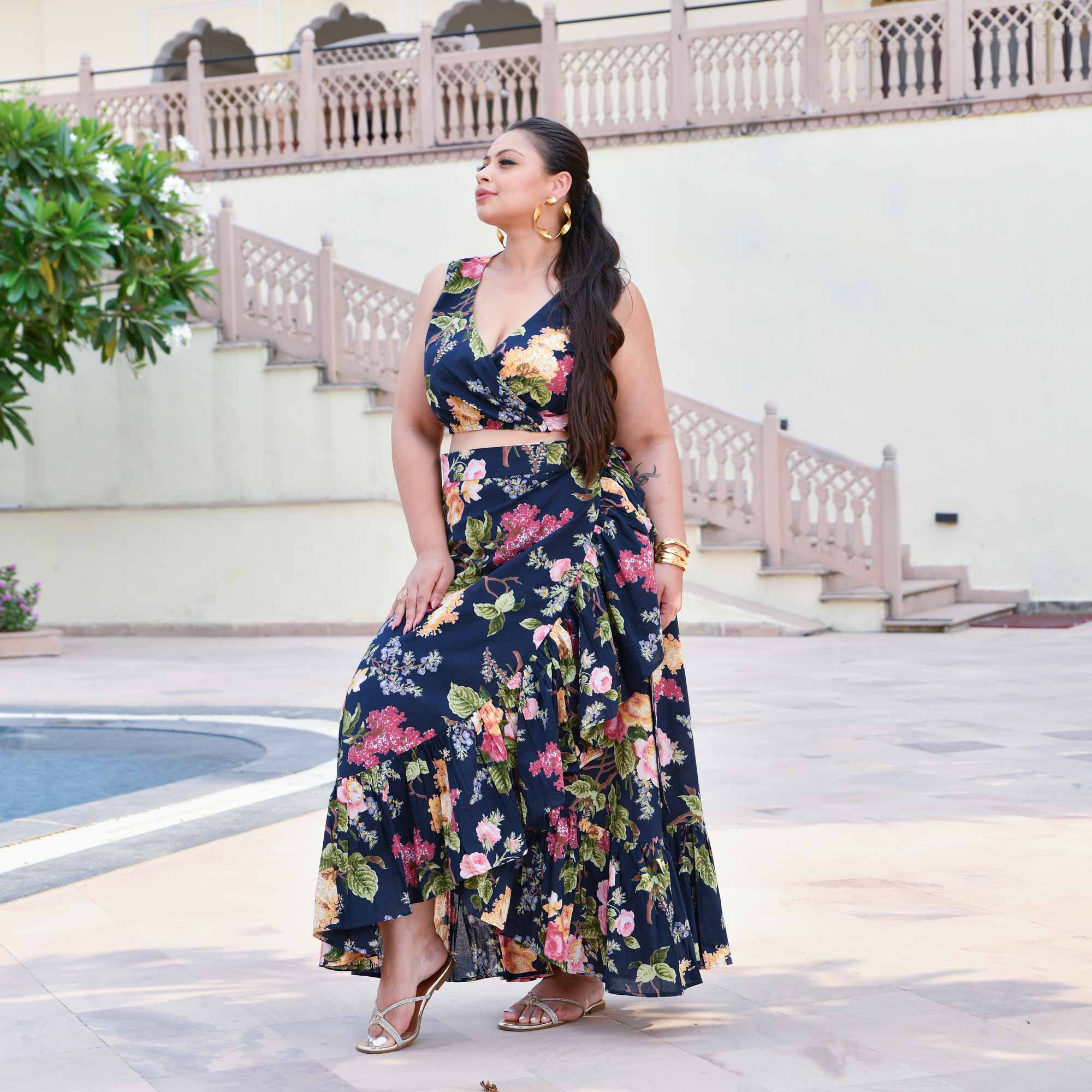 Evening Rose Cotton Wrape Skirt Top Set (Blue)