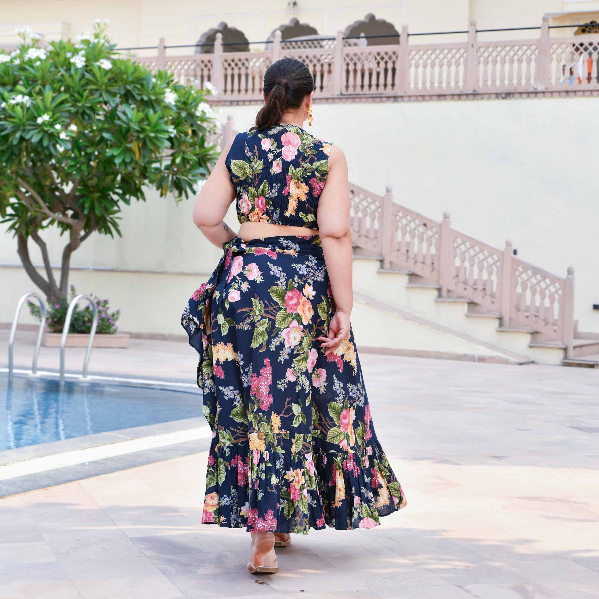 Evening Rose Cotton Wrape Skirt Top Set (Blue)
