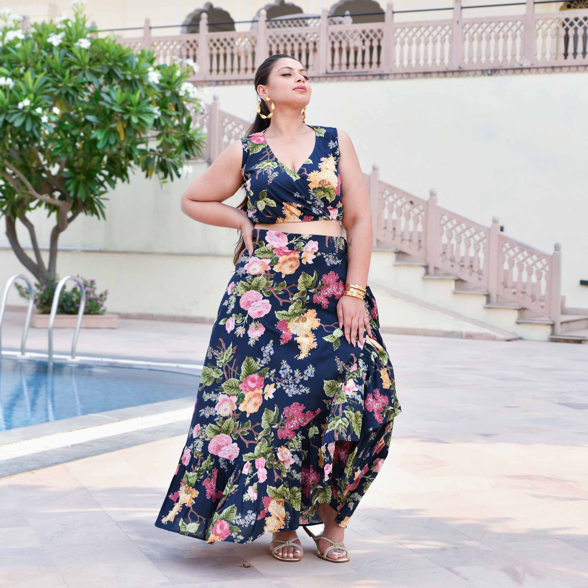 Evening Rose Cotton Wrape Skirt Top Set (Blue)