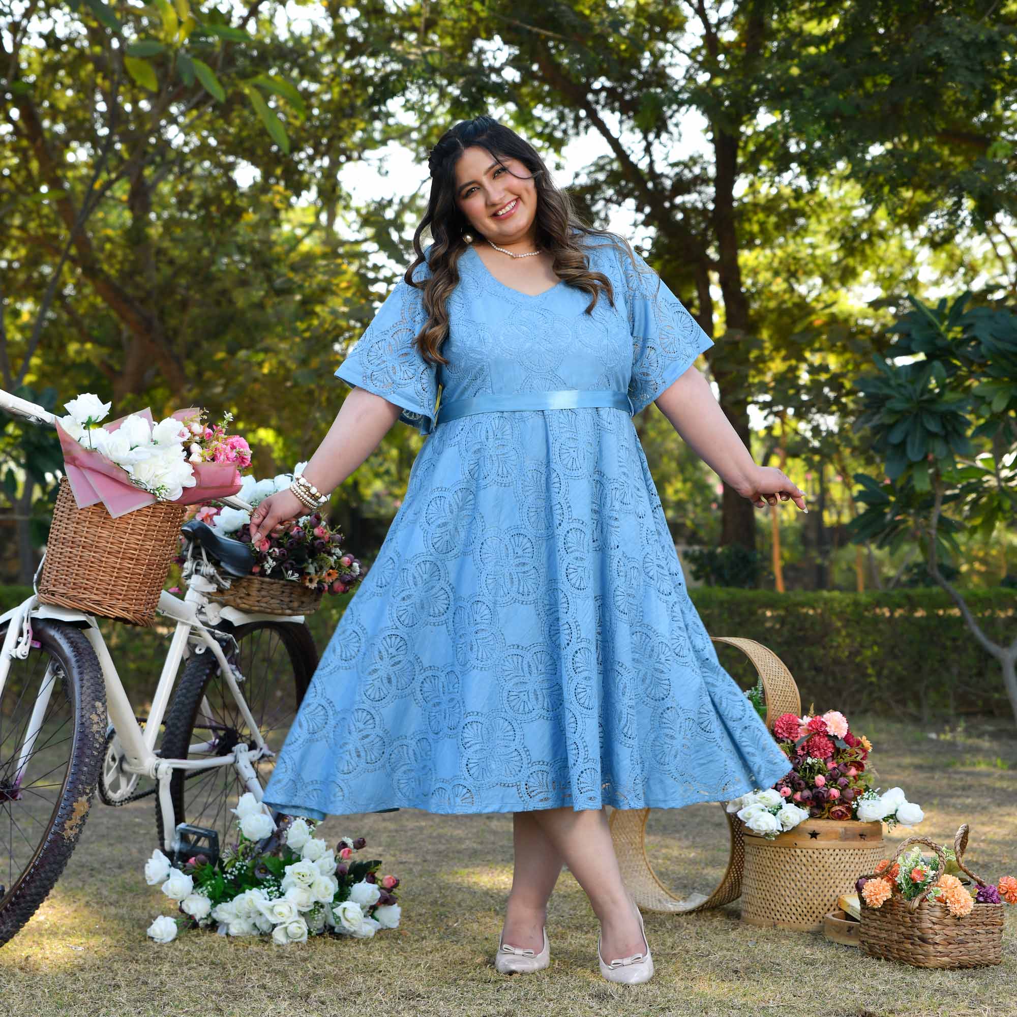 Prague - Light Blue Cotton Knit Laced Fit n Flair Dress