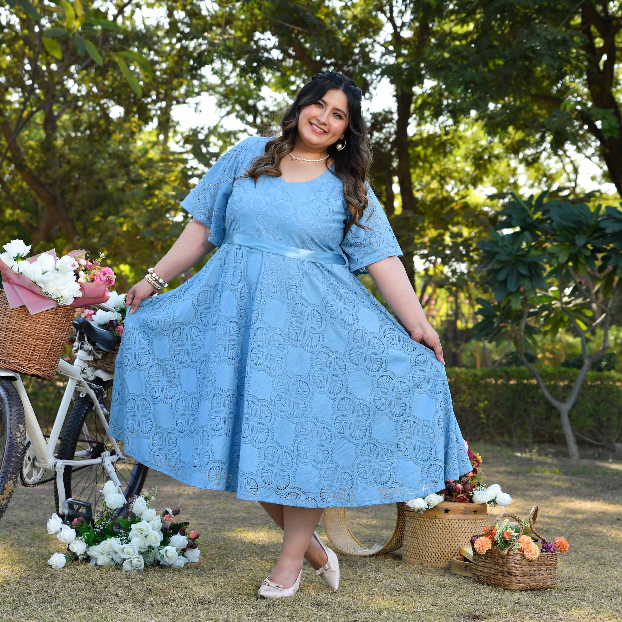 Prague - Light Blue Cotton Knit Laced Fit n Flair Dress