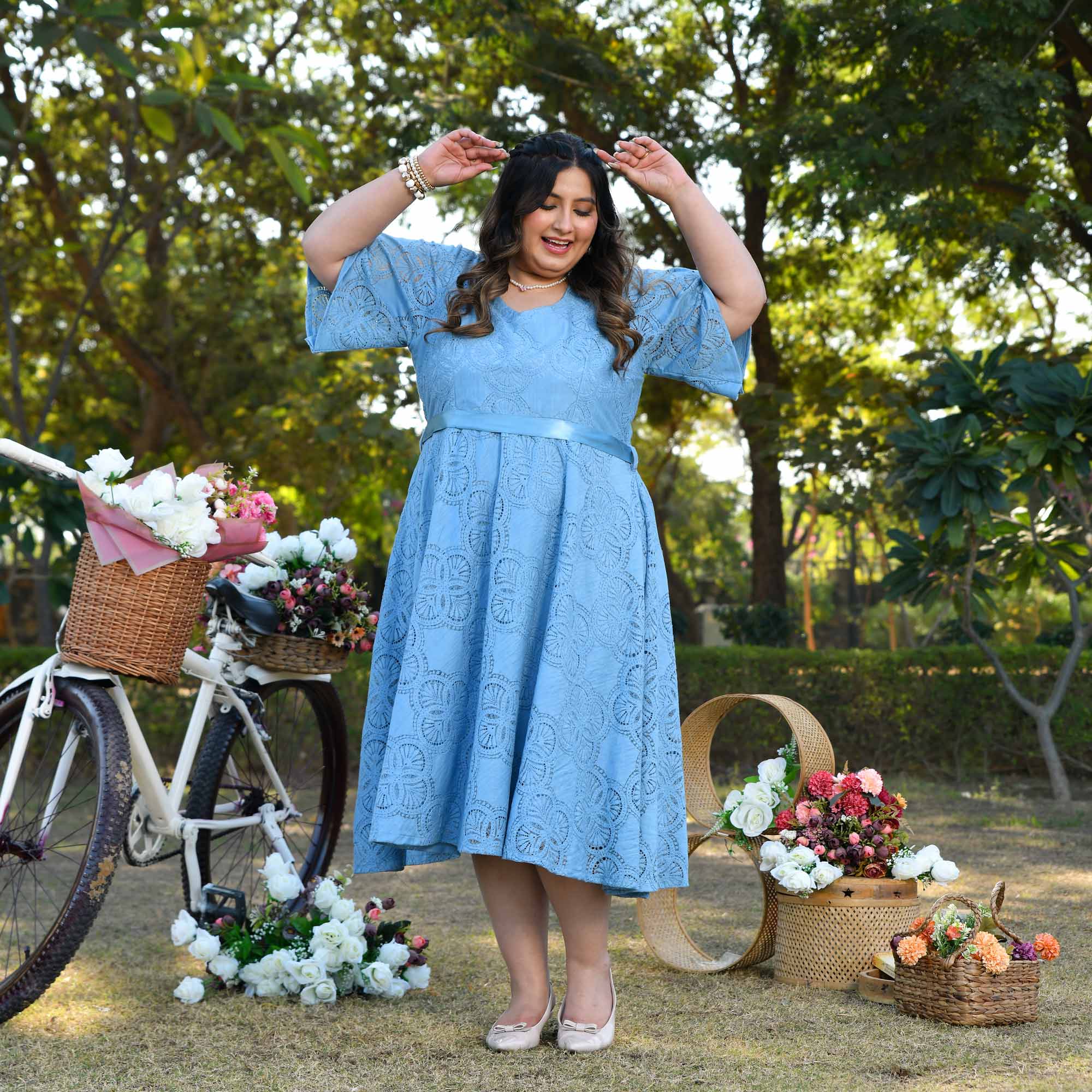 Plus Size Light Blue Fit & Flare Dress – Prague Cotton Knit Elegance