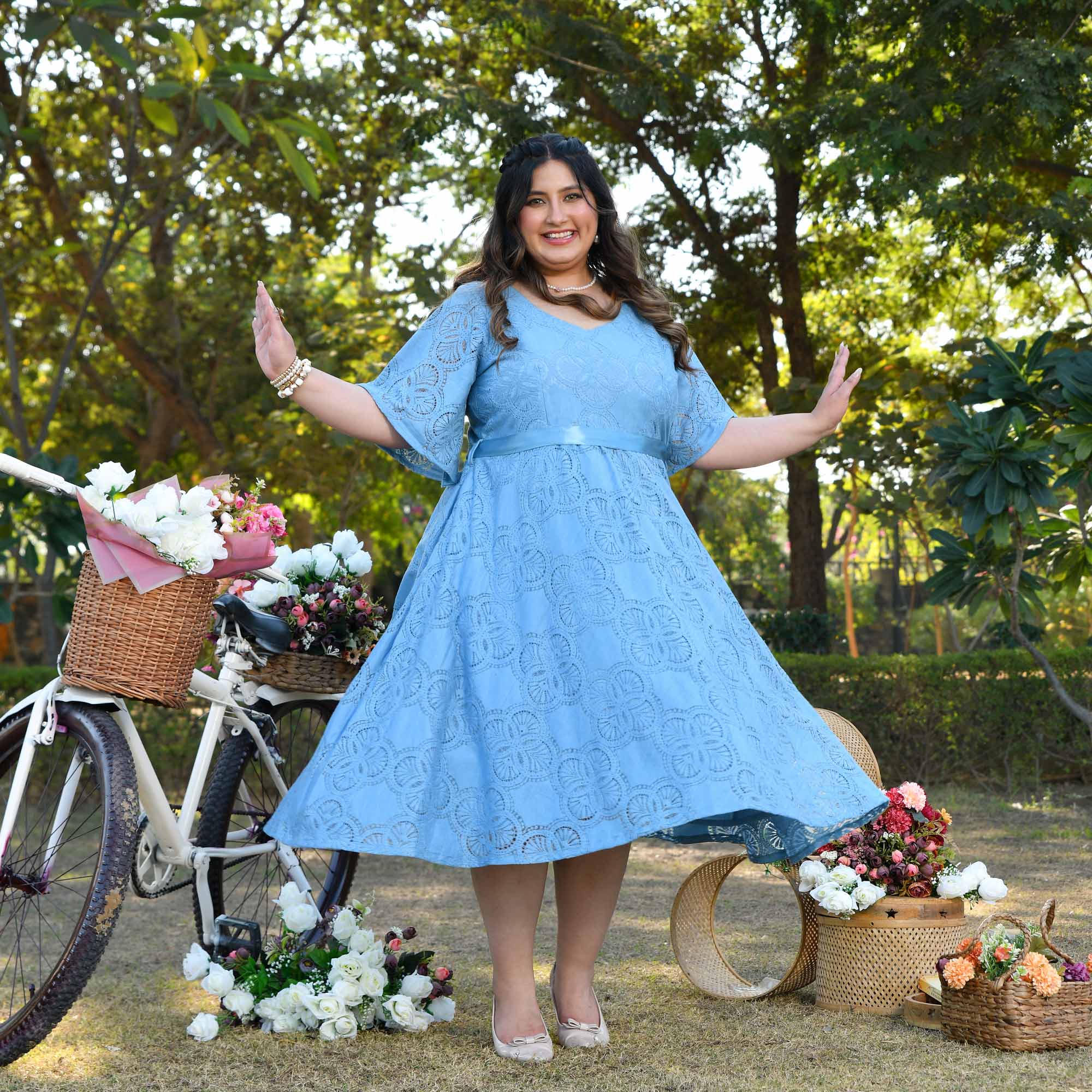 Prague - Light Blue Cotton Knit Laced Fit n Flair Dress