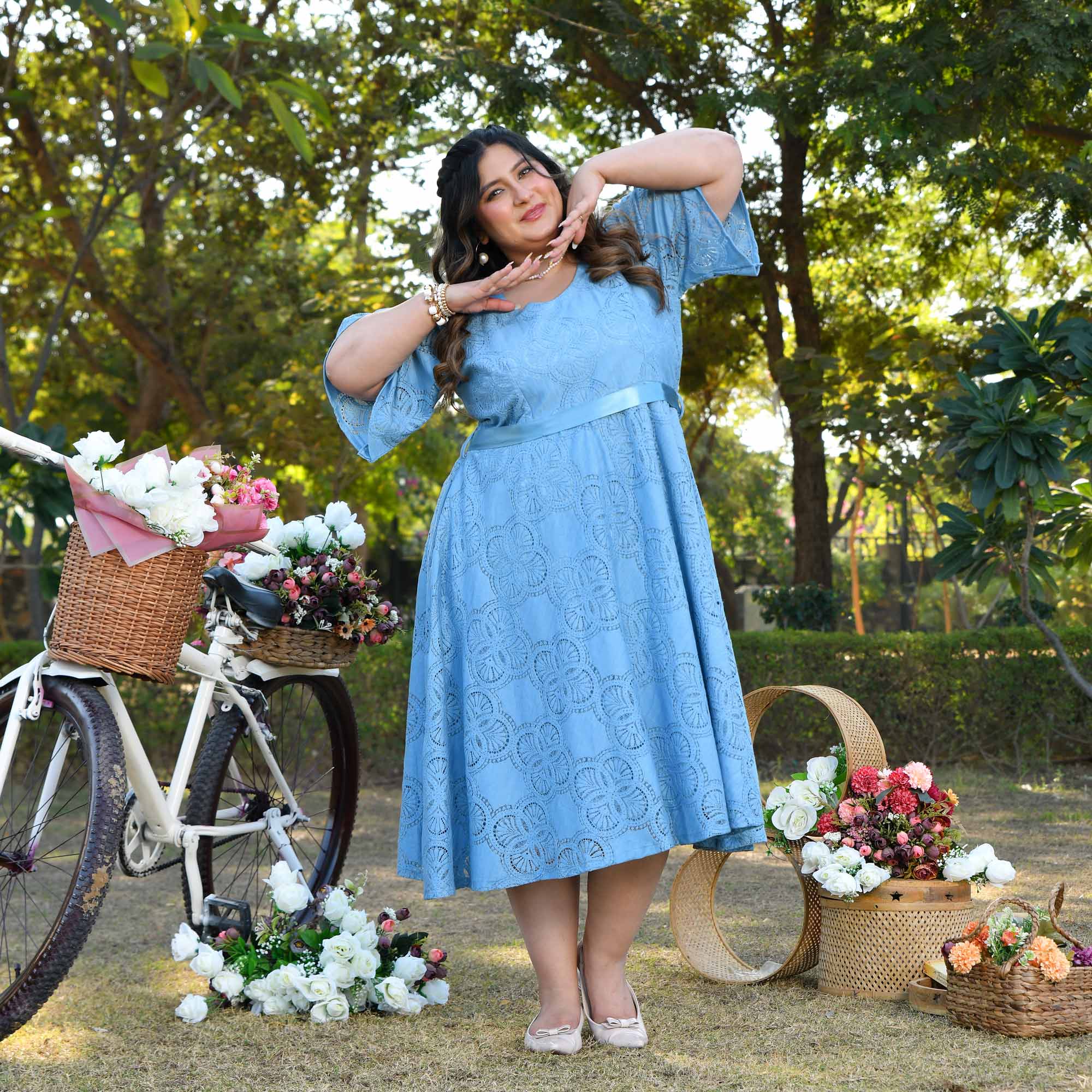 Prague - Light Blue Cotton Knit Laced Fit n Flair Dress