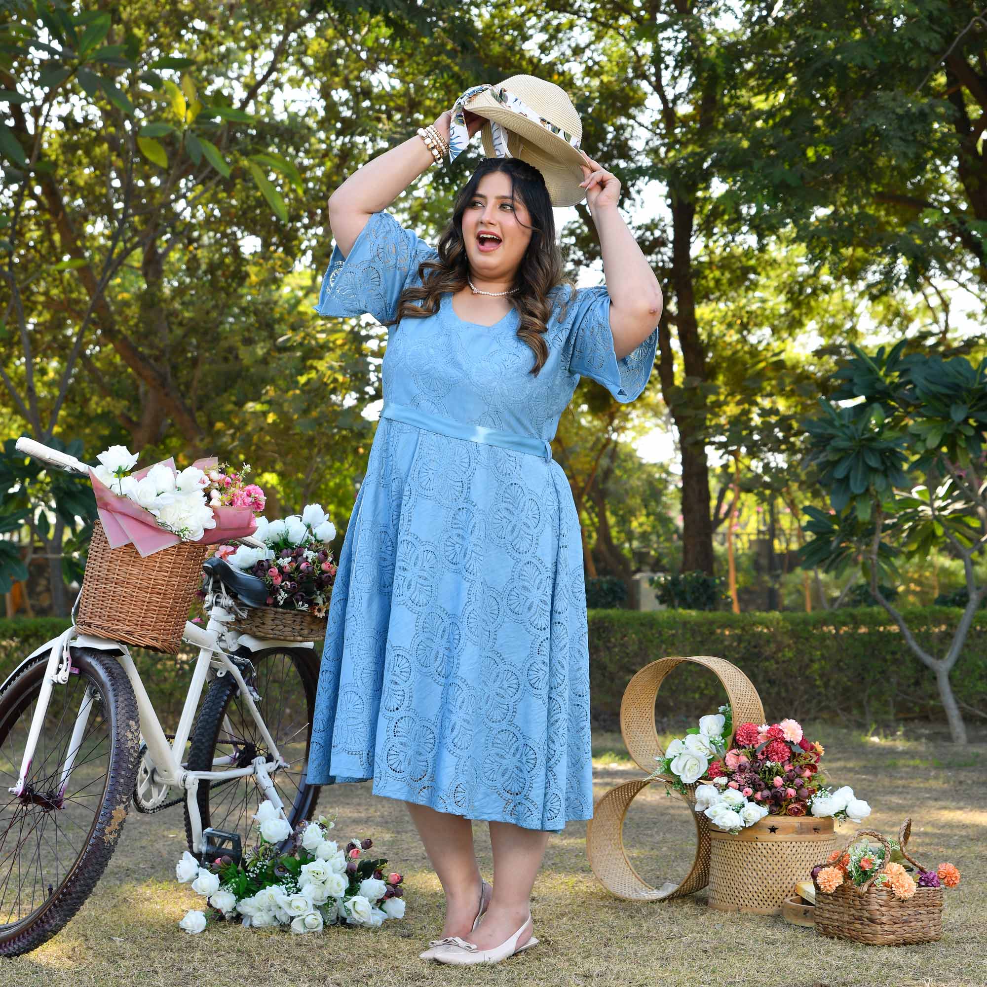 Prague - Light Blue Cotton Knit Laced Fit n Flair Dress