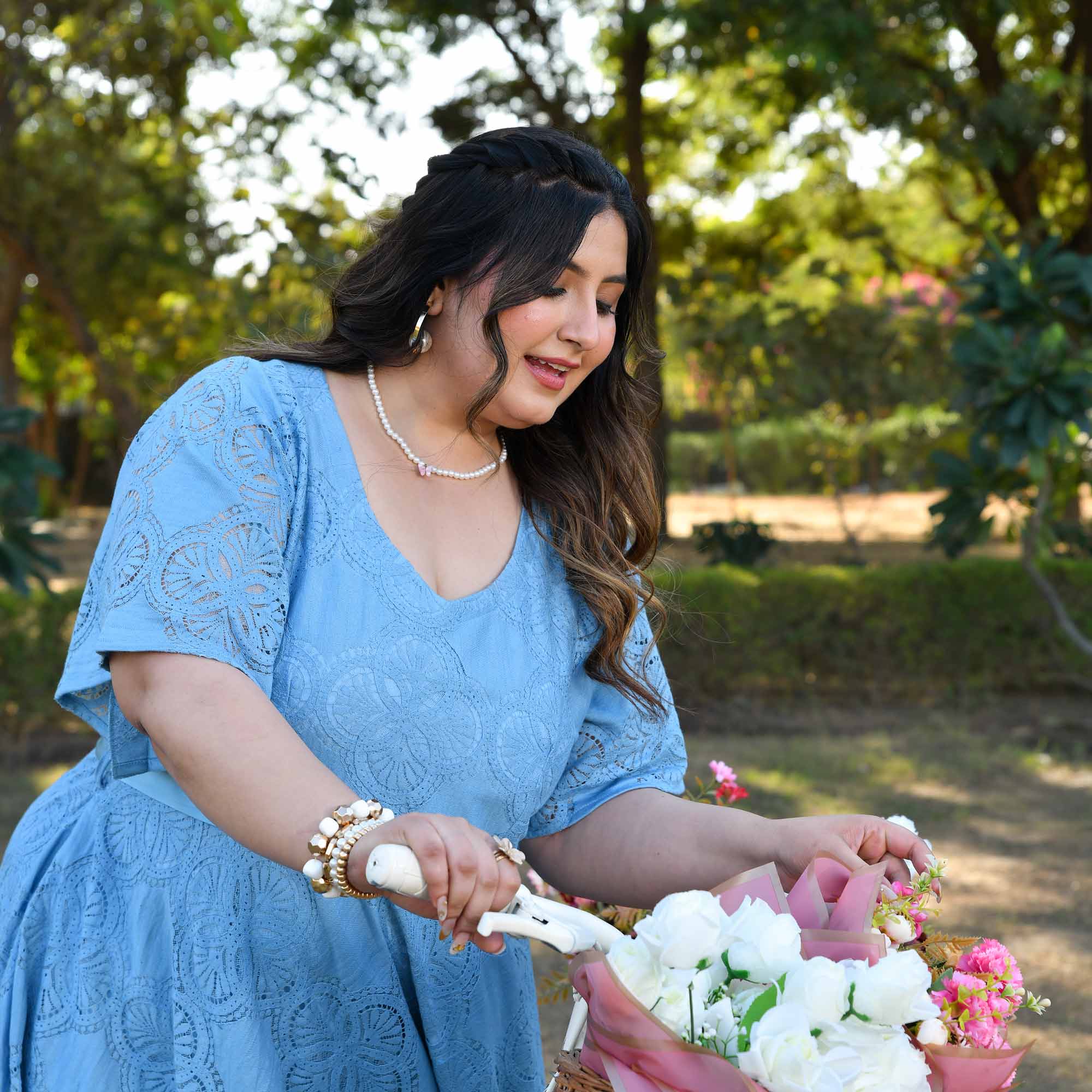Prague - Light Blue Cotton Knit Laced Fit n Flair Dress