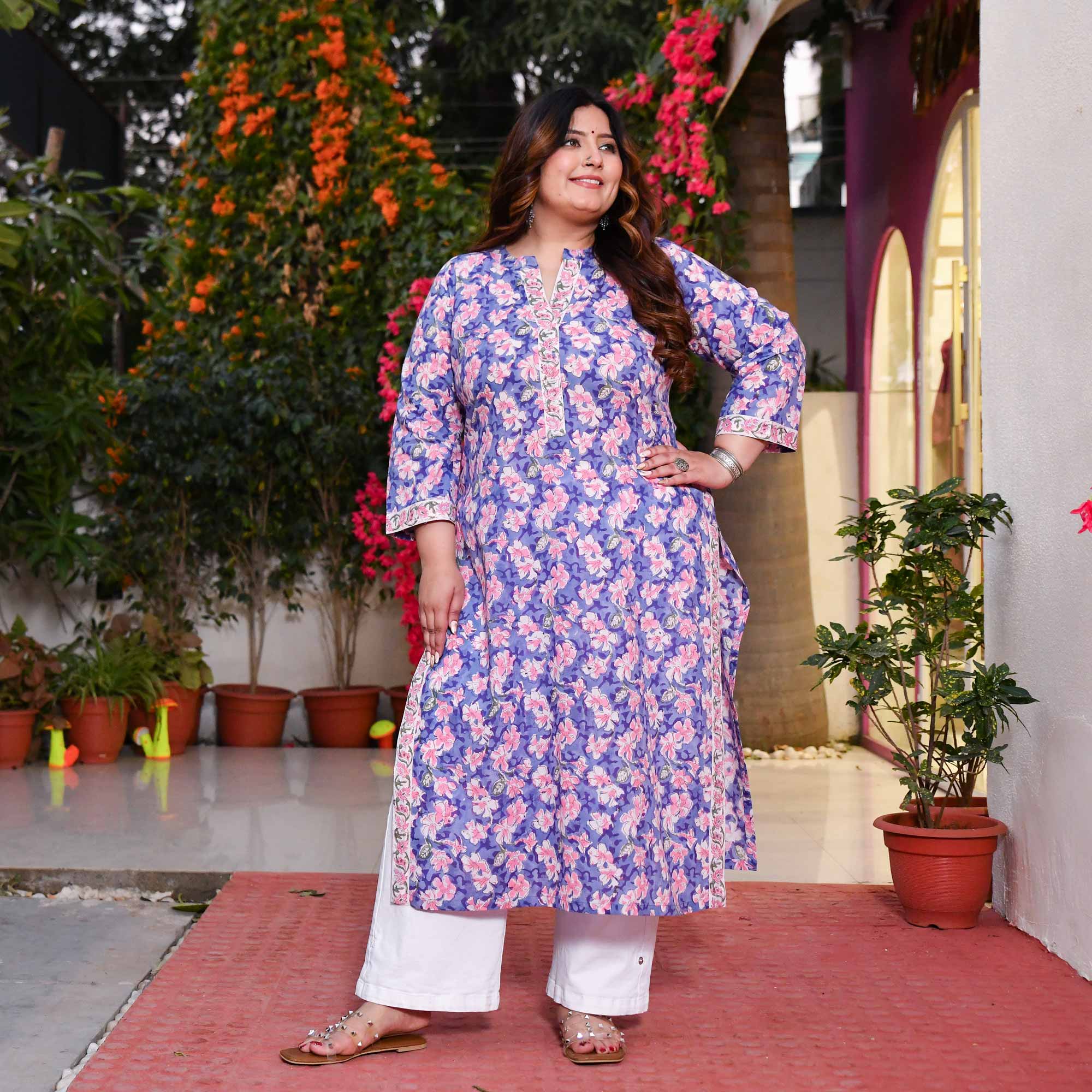 Blue Textured Cotton Plus Size Ethnic kurta