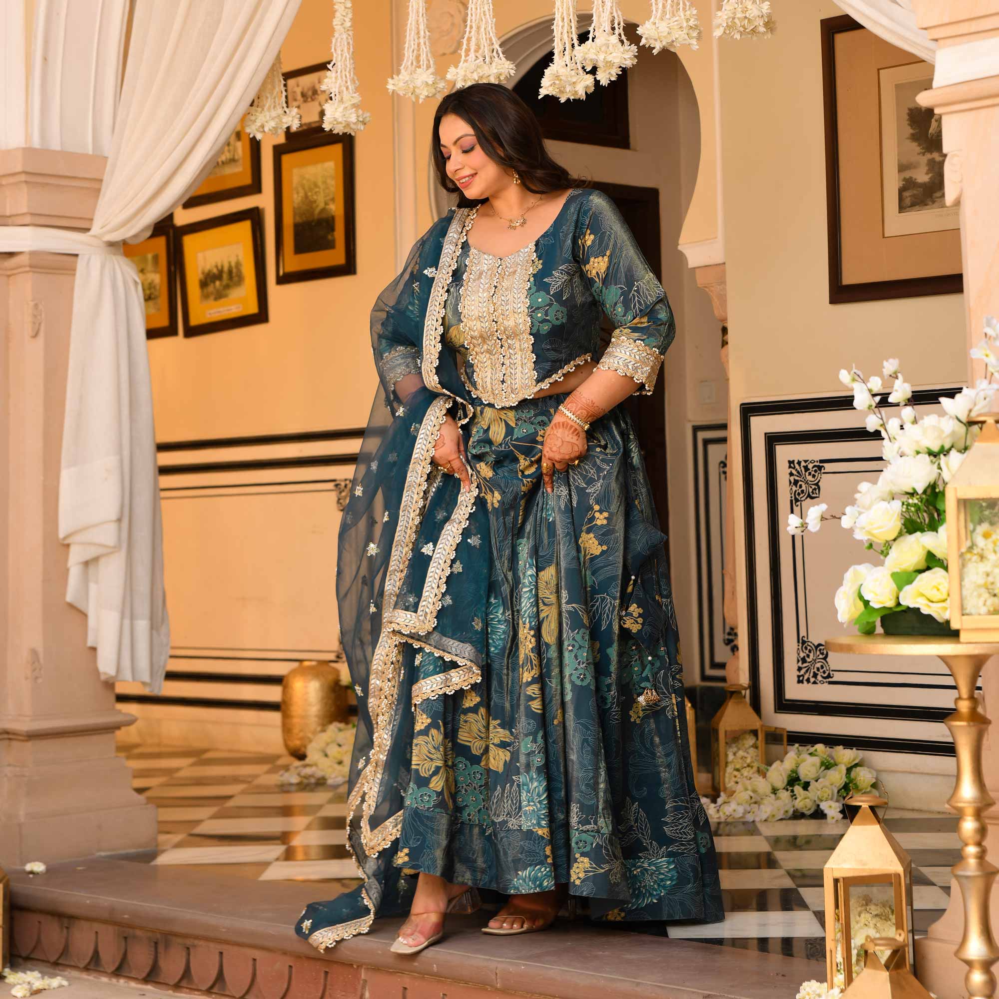Lavish Lagoon Floral Tissue Silk Embroidered Lehenga Set | The Plus Size Store