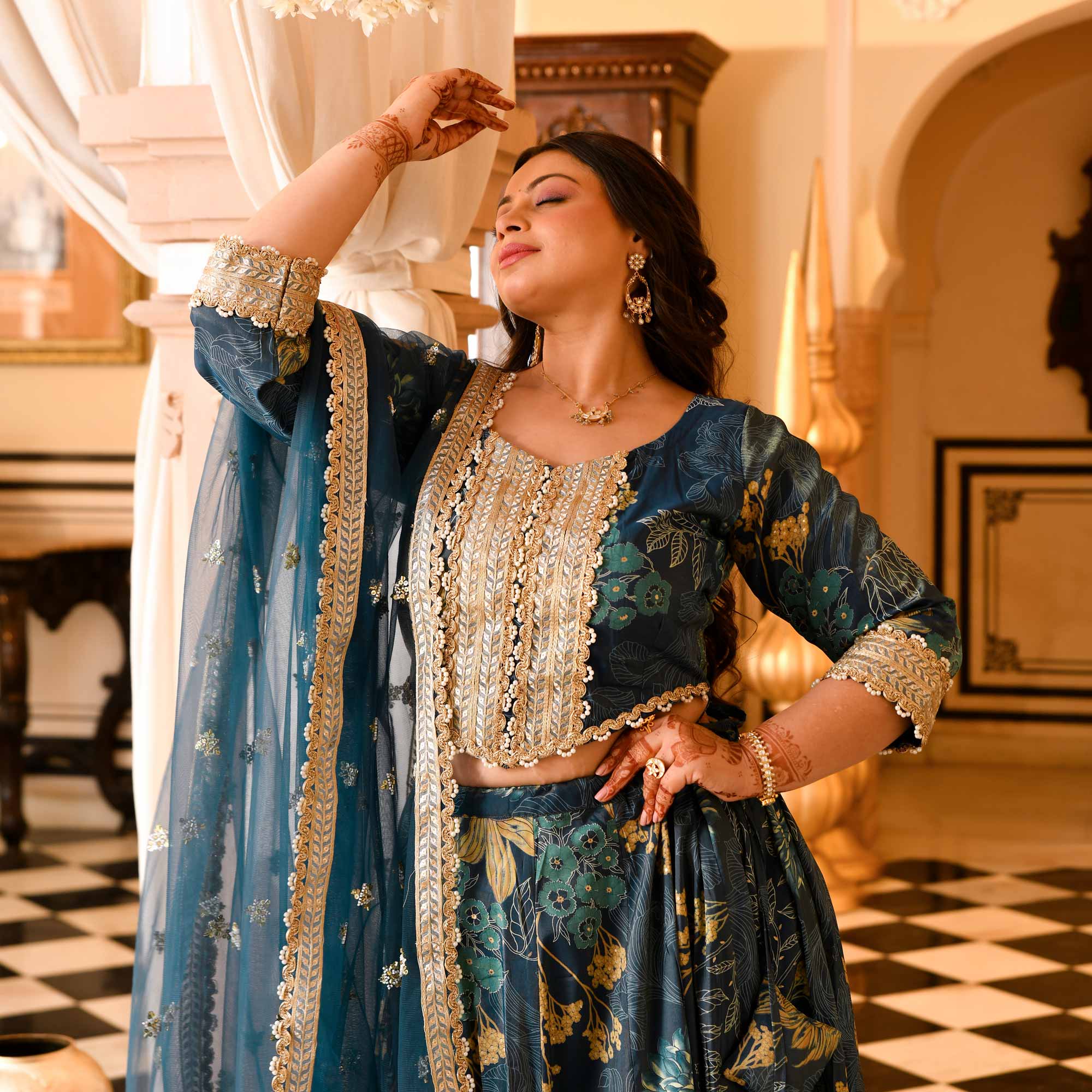 Lavish Lagoon Floral Tissue Silk Embroidered Lehenga Set | The Plus Size Store