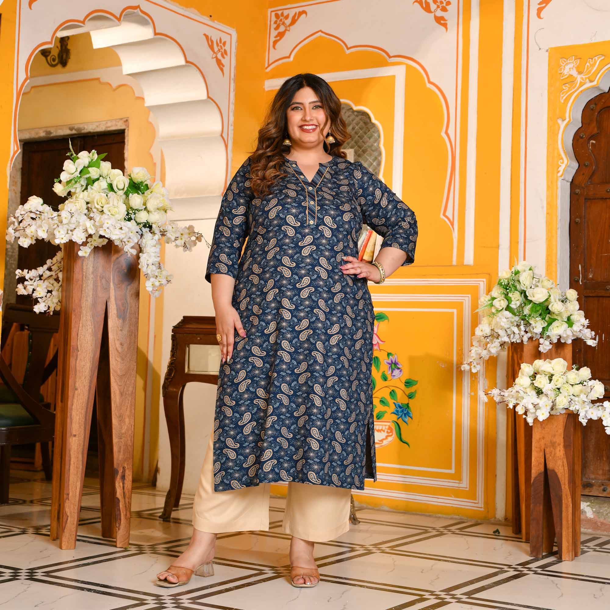 Kalash- Dark Blue Paisley Gold Block Kurta