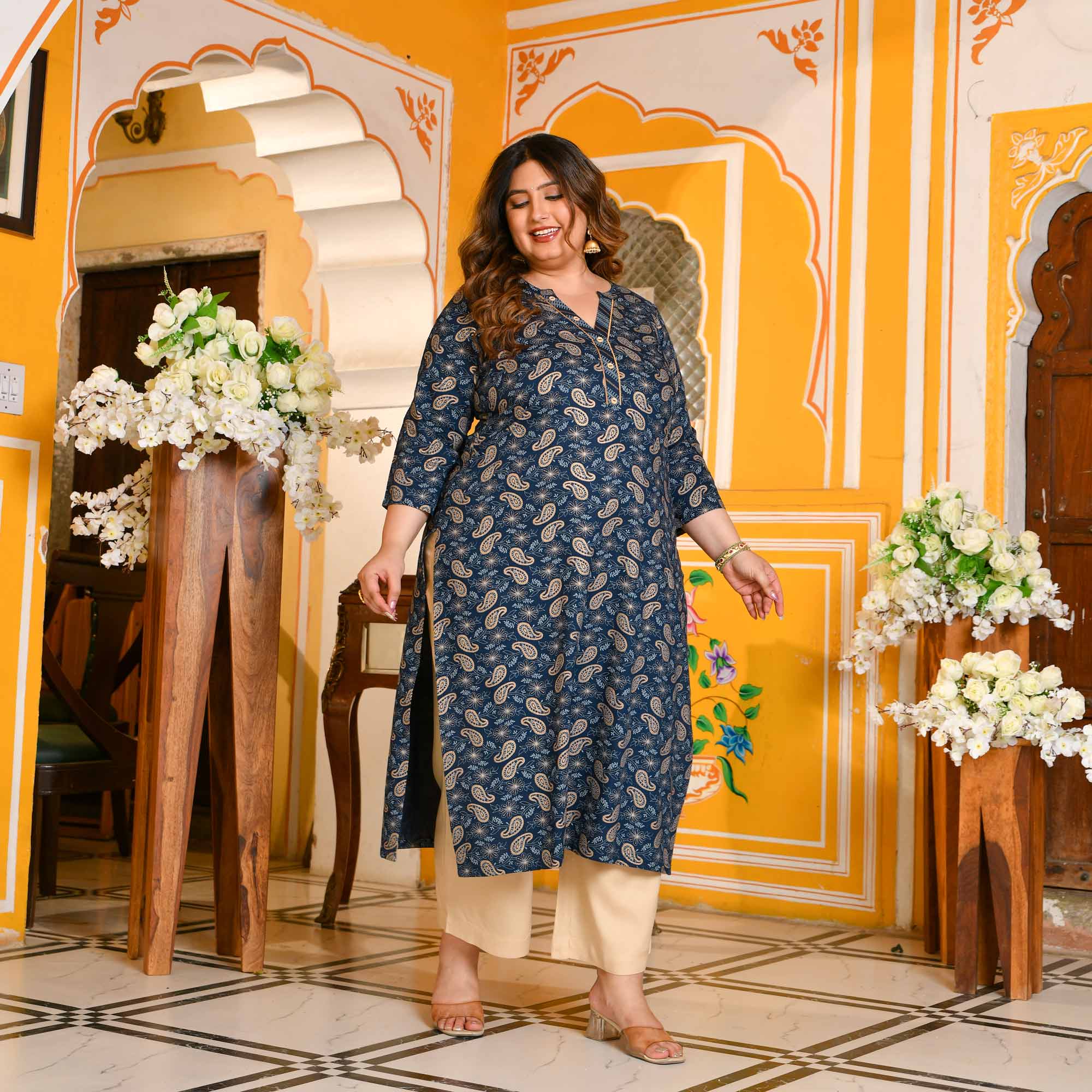 Kalash- Dark Blue Paisley Gold Block Kurta