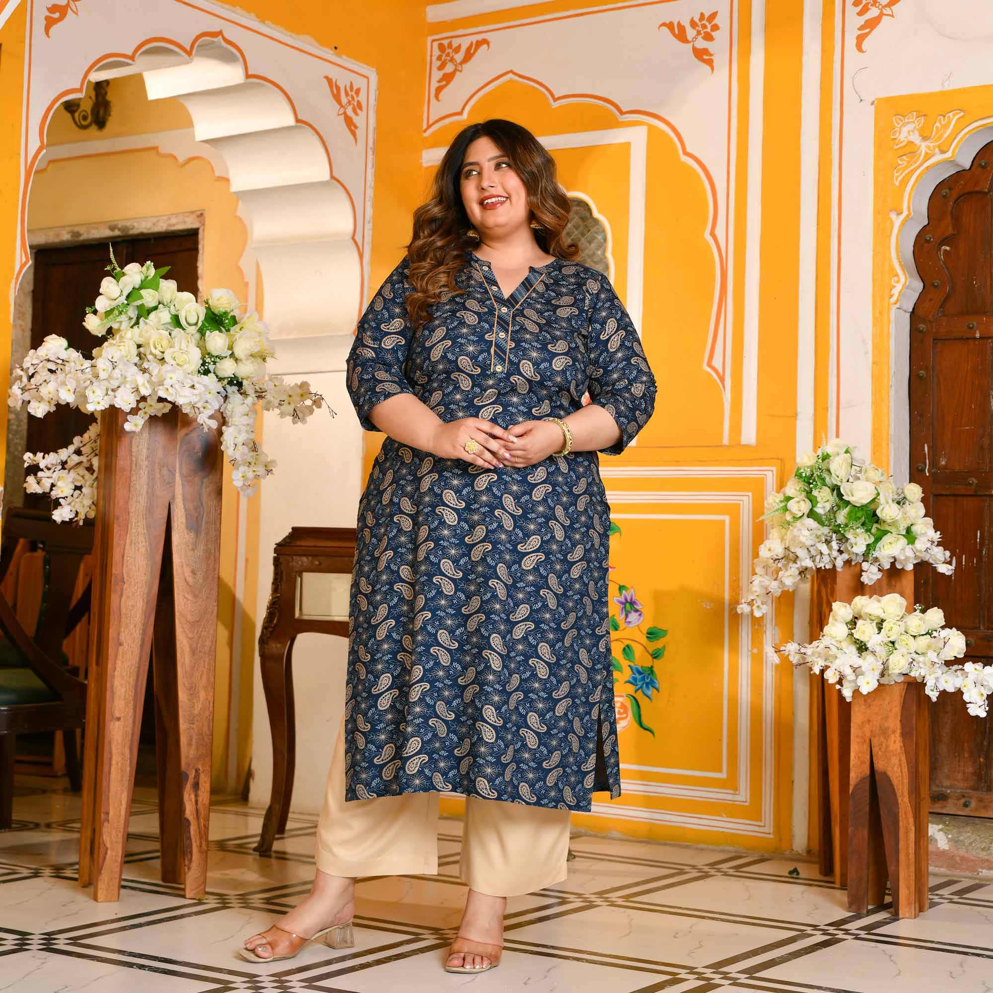 Kalash- Dark Blue Paisley Gold Block Kurta