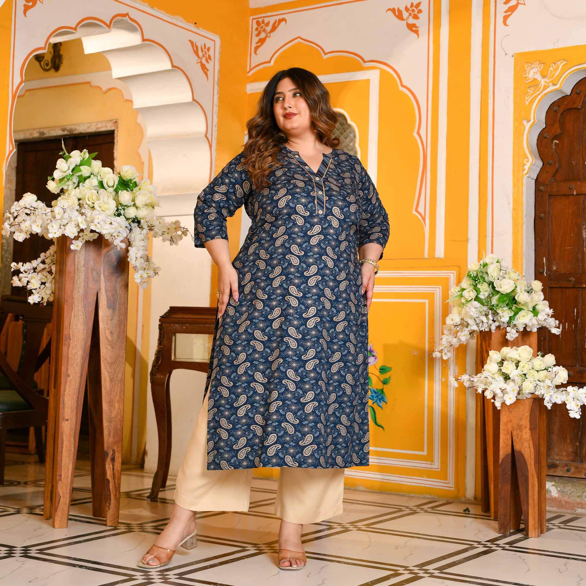 Kalash- Dark Blue Paisley Gold Block Kurta