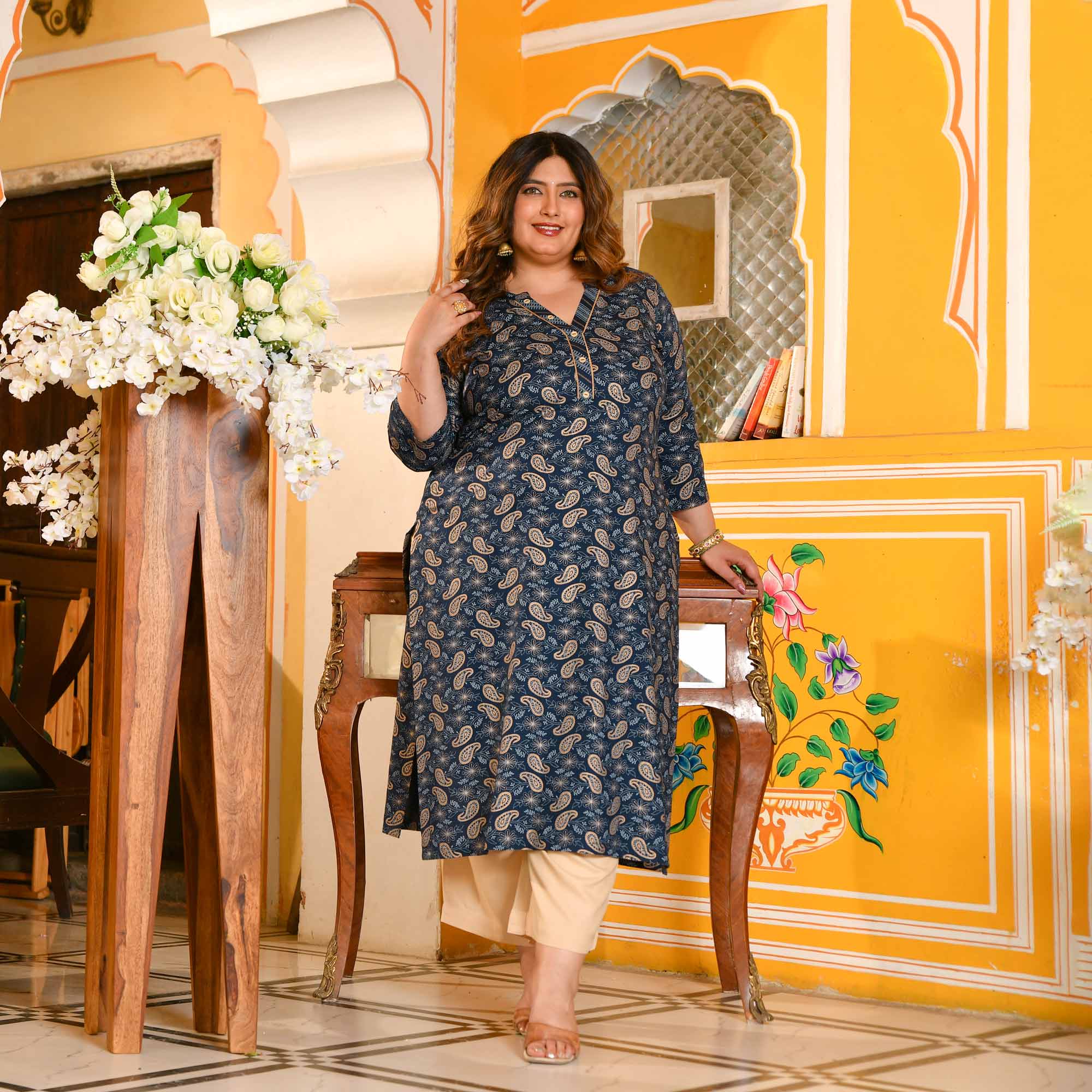 Kalash- Dark Blue Paisley Gold Block Kurta