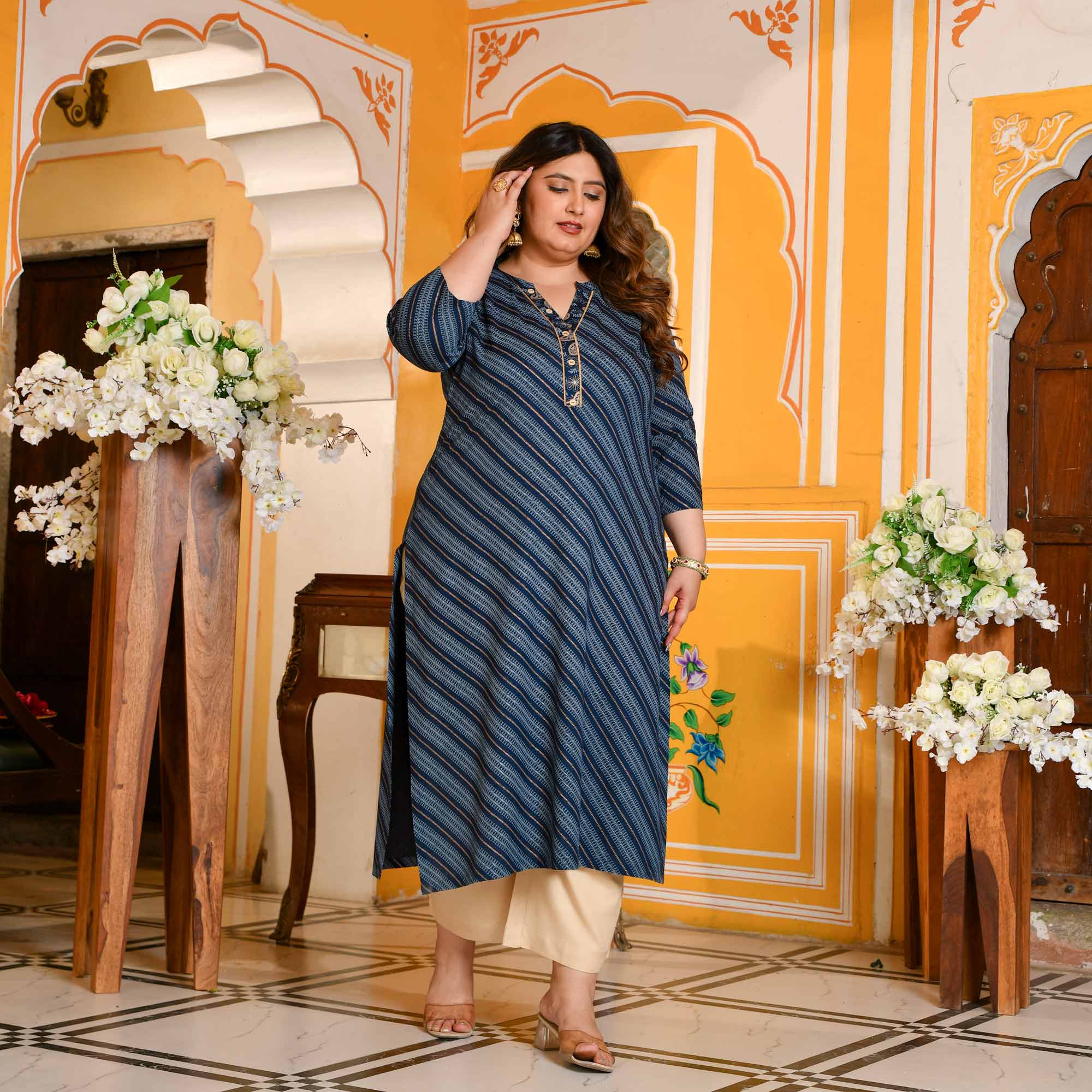 Shakti- Dark Blue Leher Gold Block Kurta