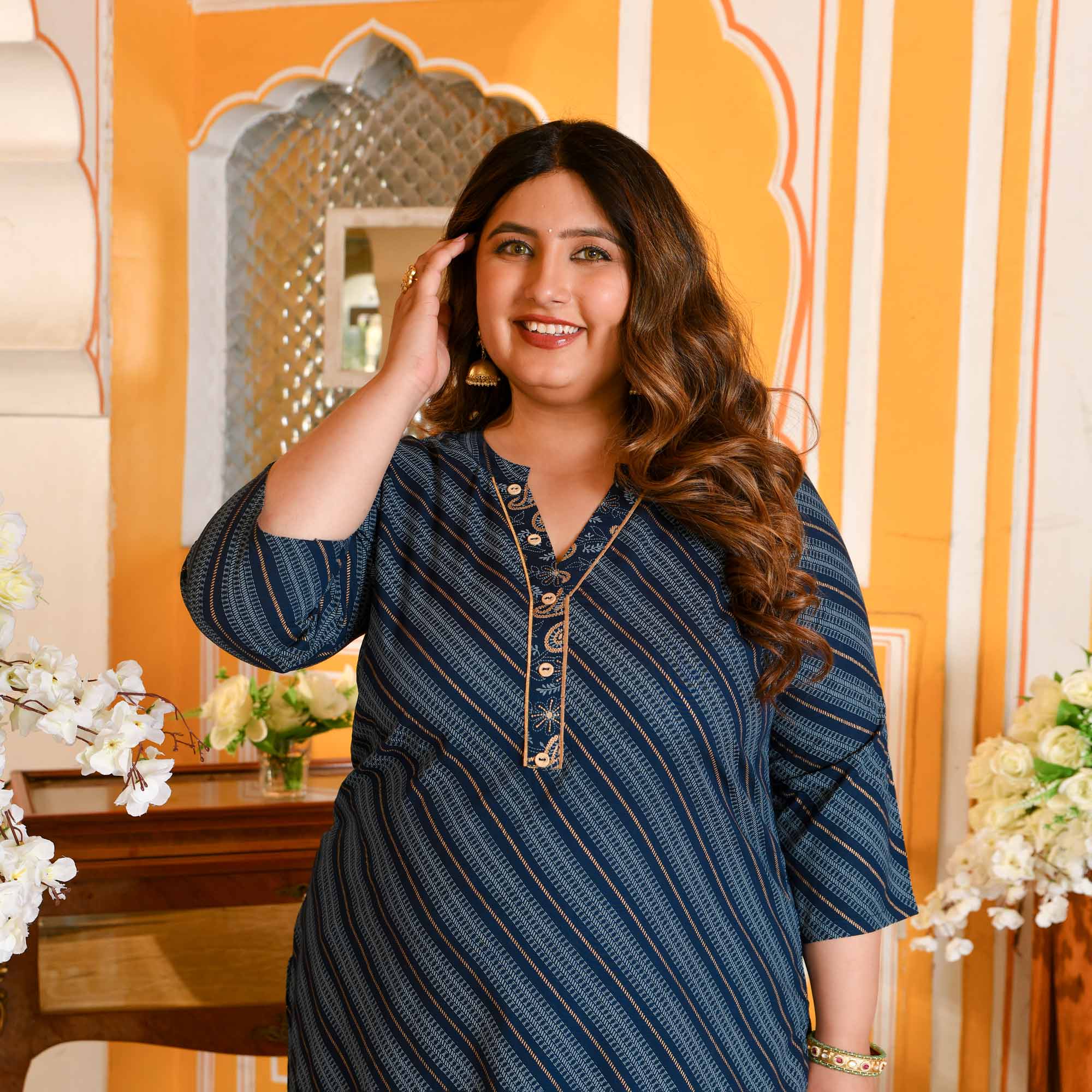 Shakti- Dark Blue Leher Gold Block Kurta