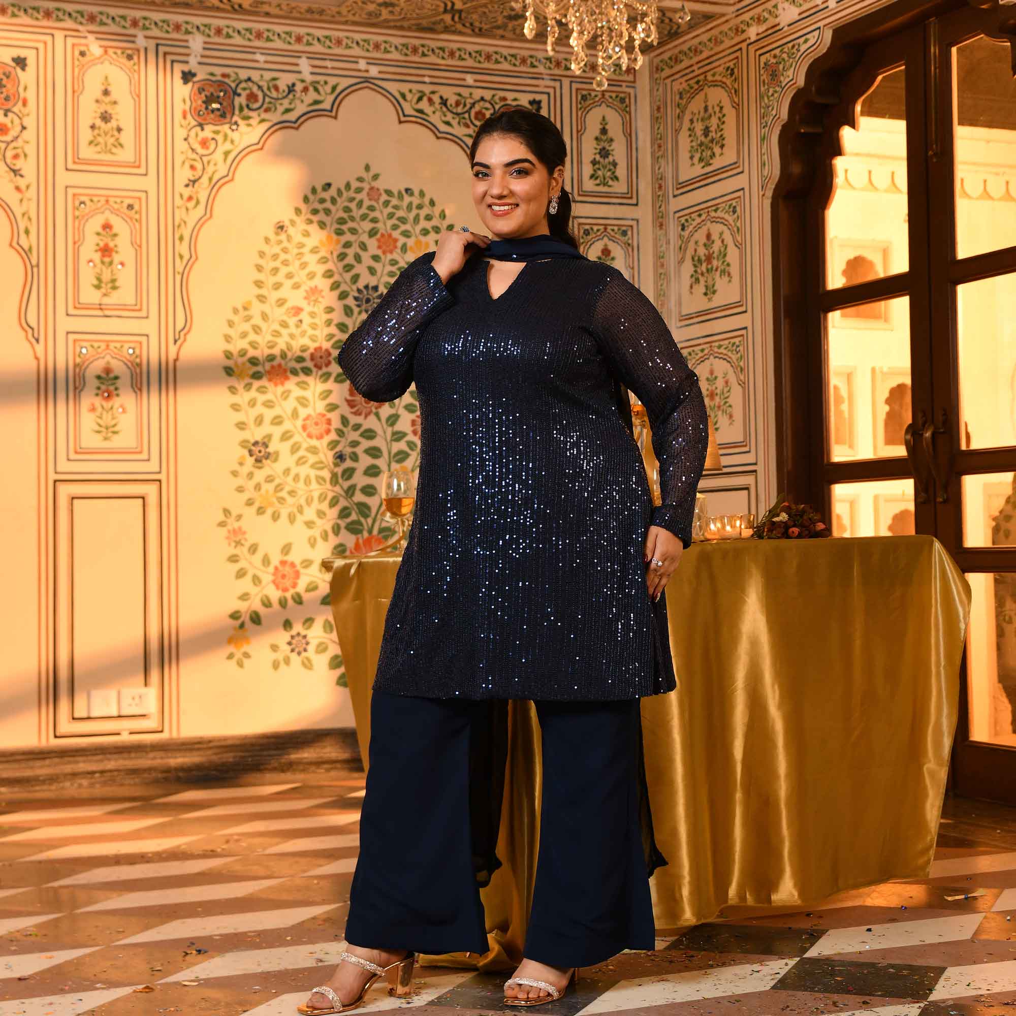 Boston- Navy Blue Sequin Embellished stretchable Co-Ord Set