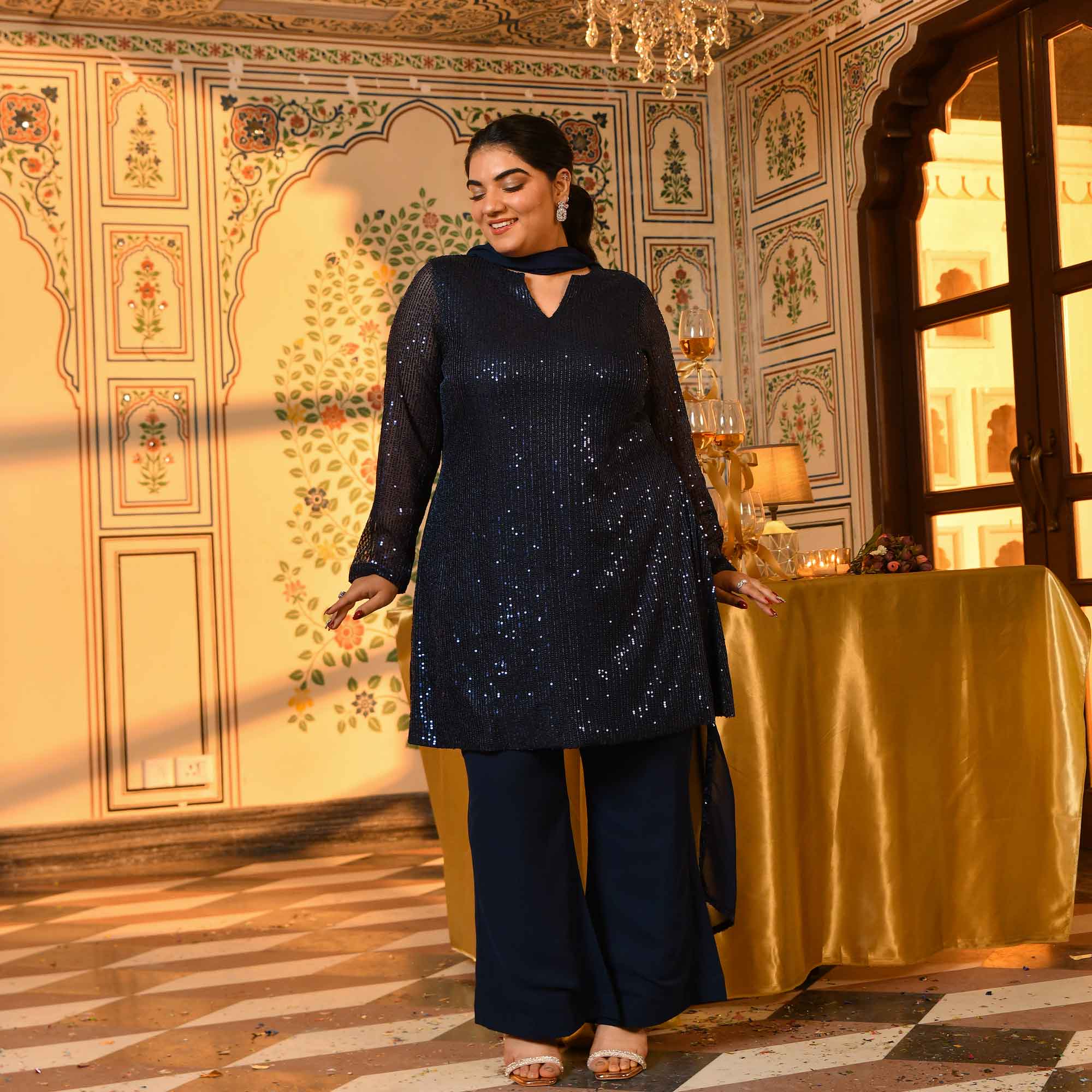 Boston- Navy Blue Sequin Embellished stretchable Co-Ord Set