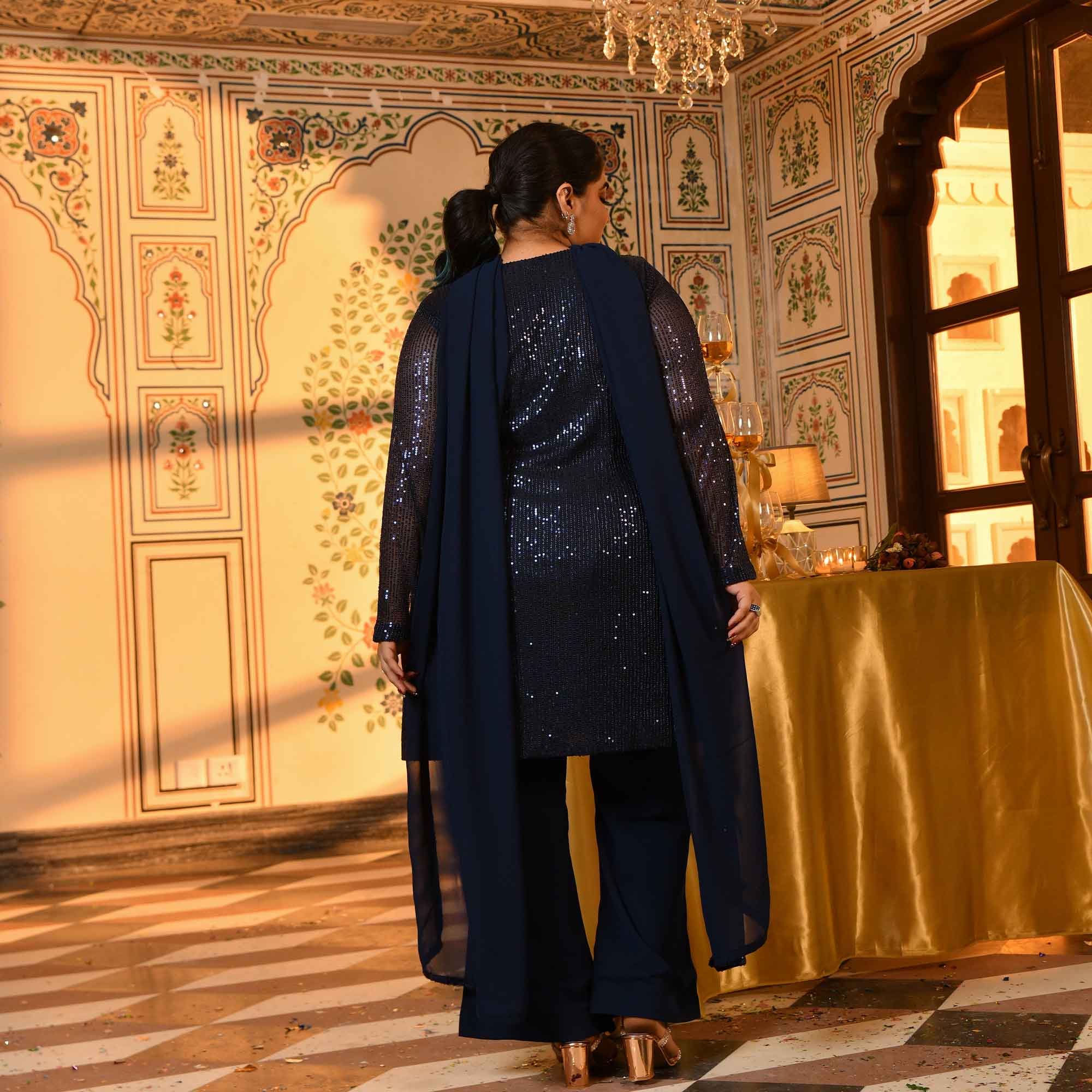 Boston- Navy Blue Sequin Embellished stretchable Co-Ord Set