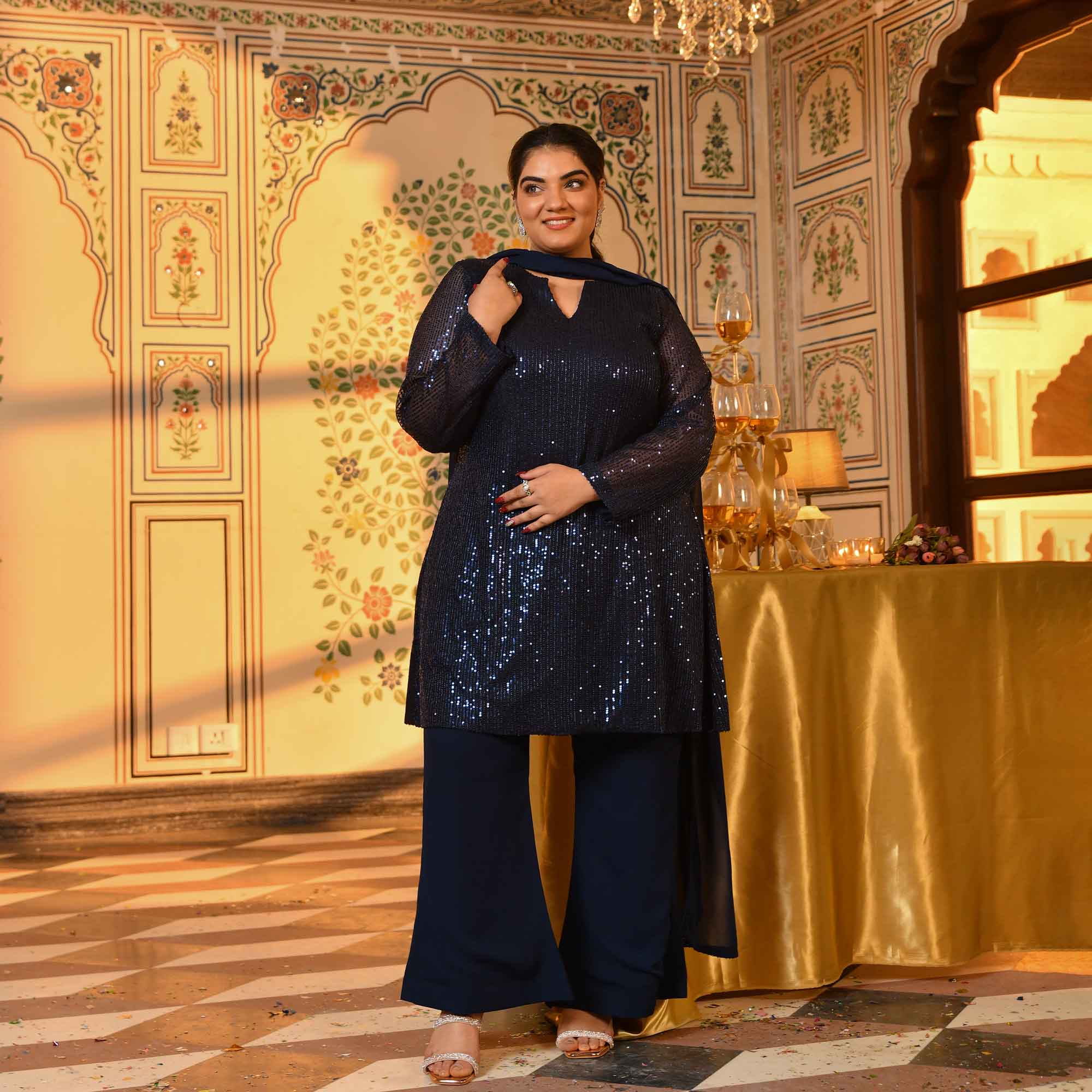 Boston- Navy Blue Sequin Embellished stretchable Co-Ord Set