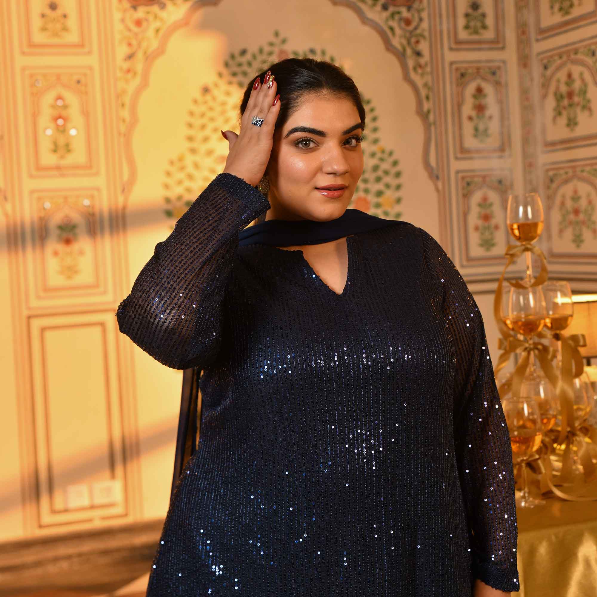 Boston- Navy Blue Sequin Embellished stretchable Co-Ord Set