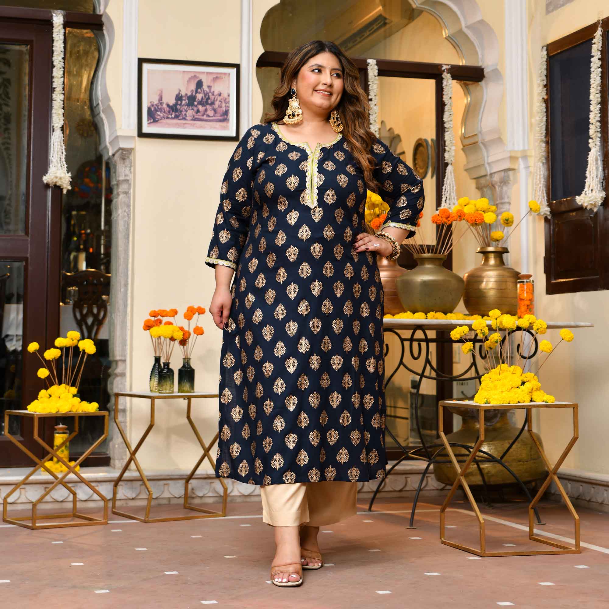Uphaar- Navy Blue Gold Block Print Rayon Kurta