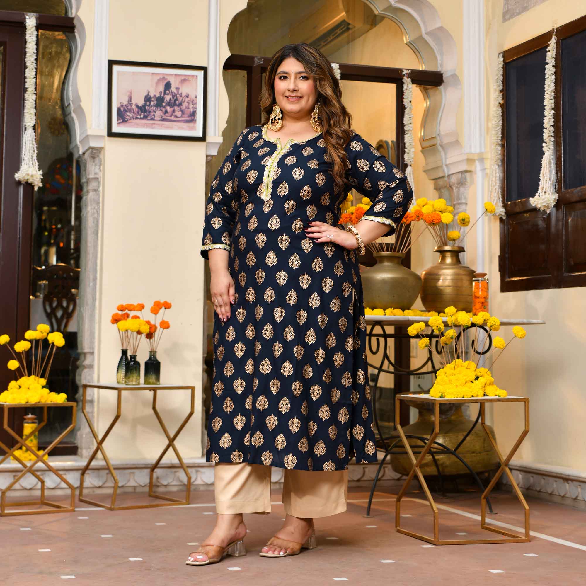 Uphaar- Navy Blue Gold Block Print Rayon Kurta