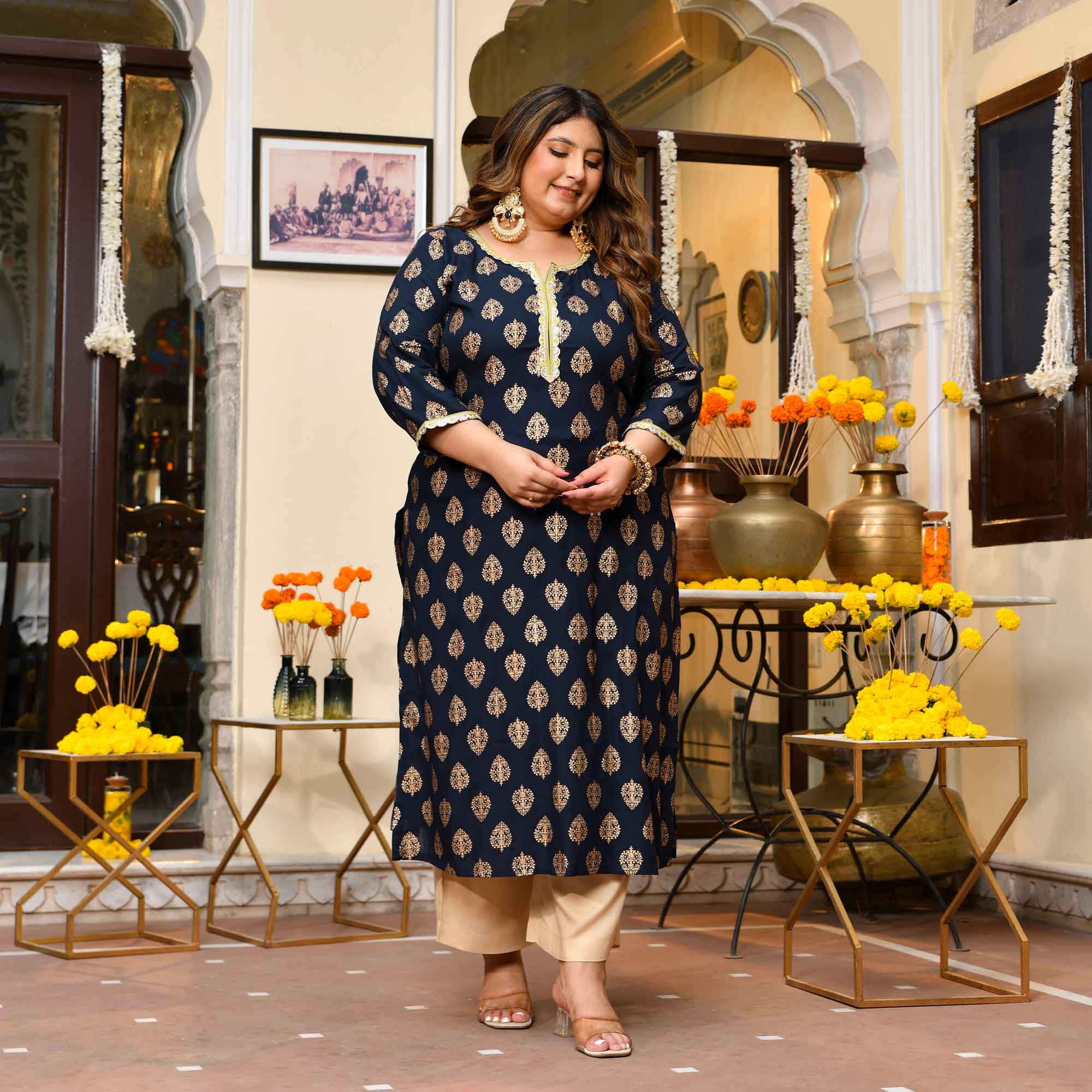 Uphaar- Navy Blue Gold Block Print Rayon Kurta