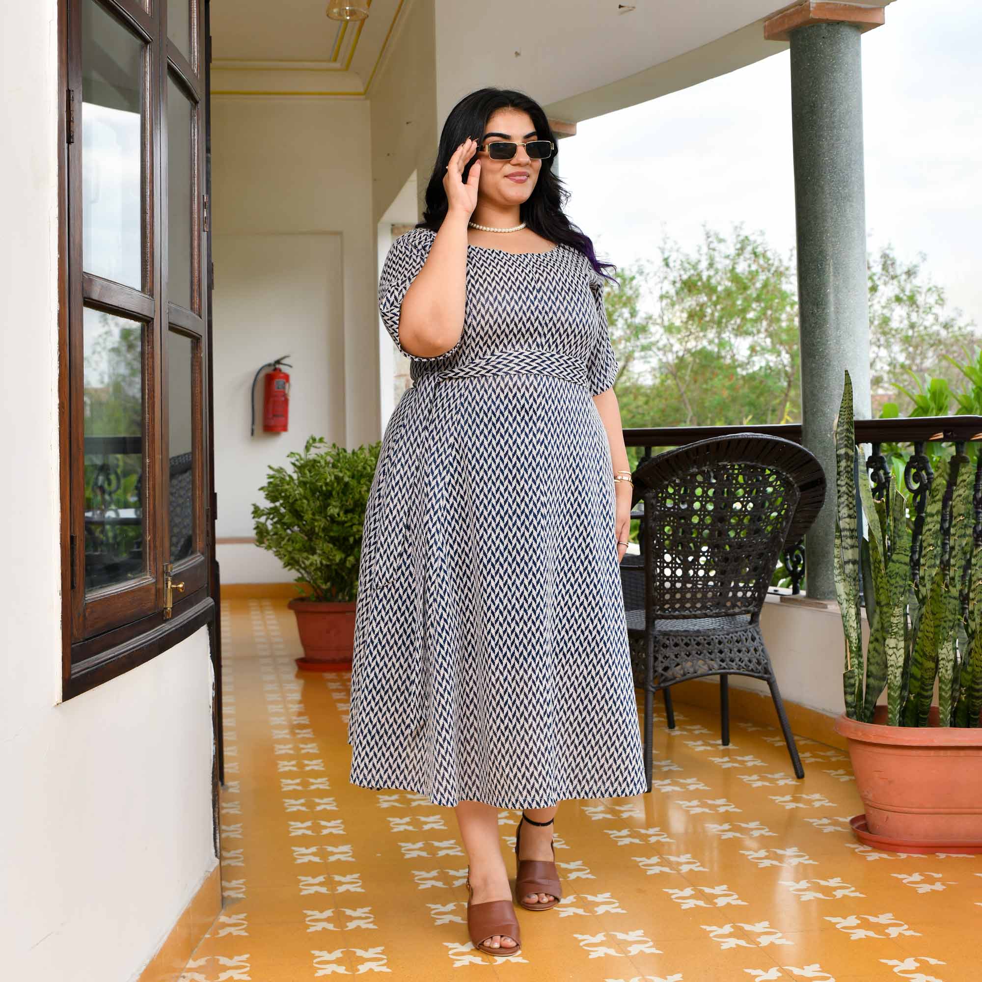 Waffle- Grey/Blue Knitted Cotton Aline Dress