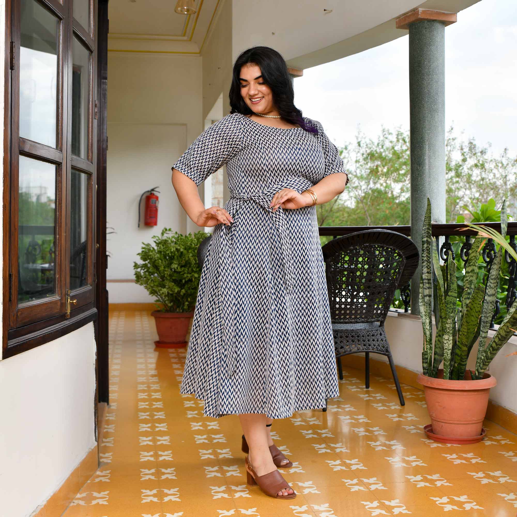 Waffle- Grey/Blue Knitted Cotton Aline Dress