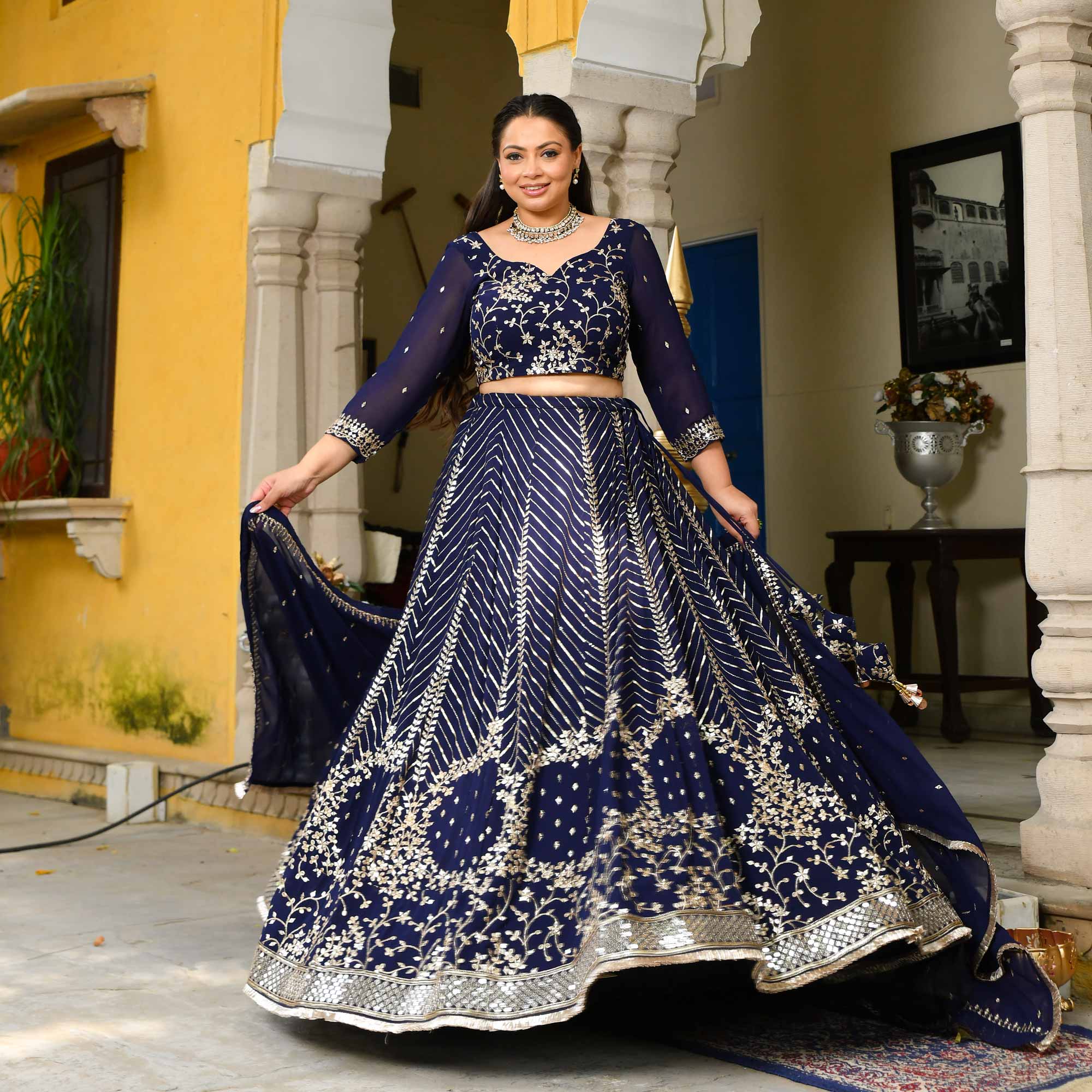 Glistering Navy Sequin Embroidered Georgette Lehenga Set