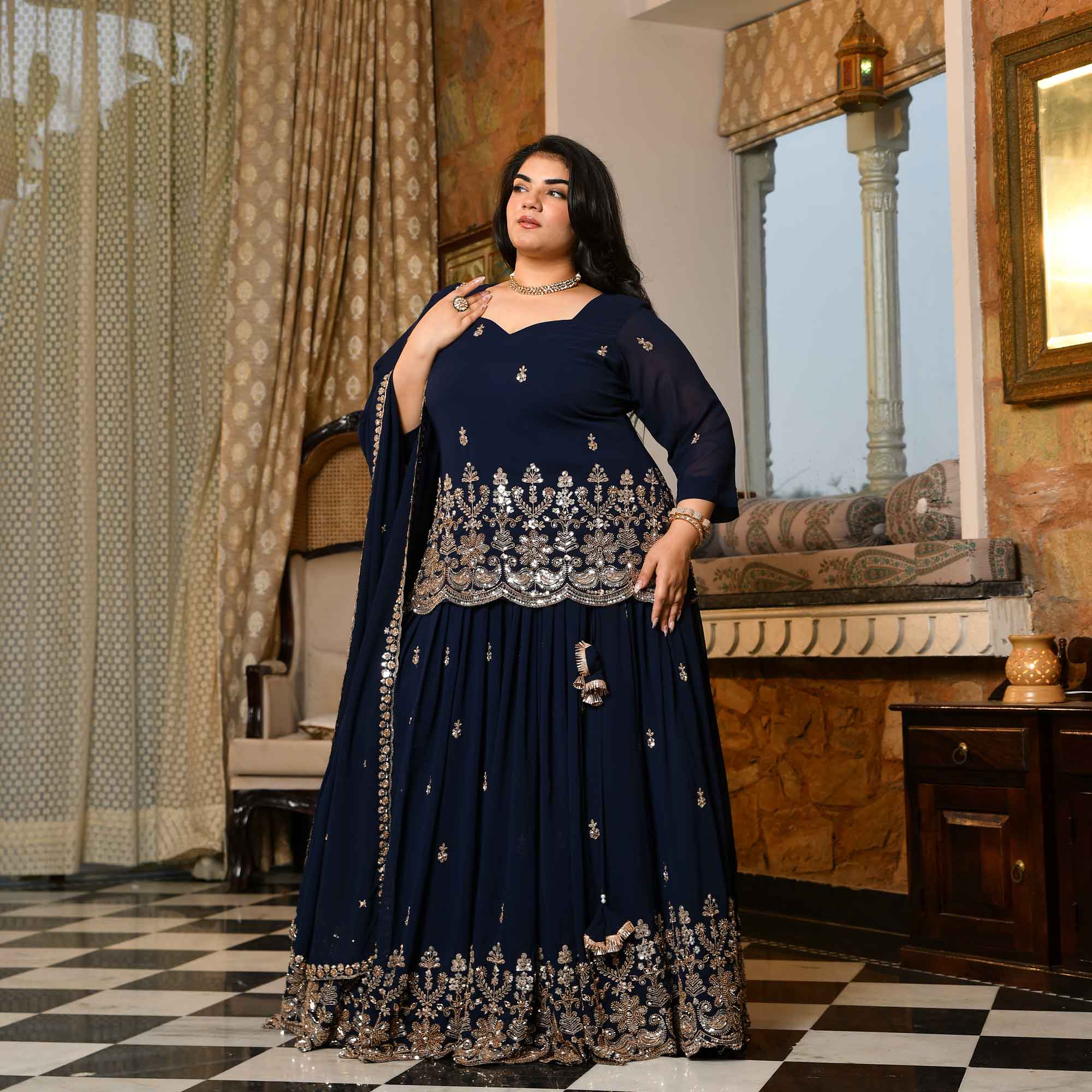 Dil Kya Kare- Navy Blue Cutdana Embroidered Georgette Lehenga Set