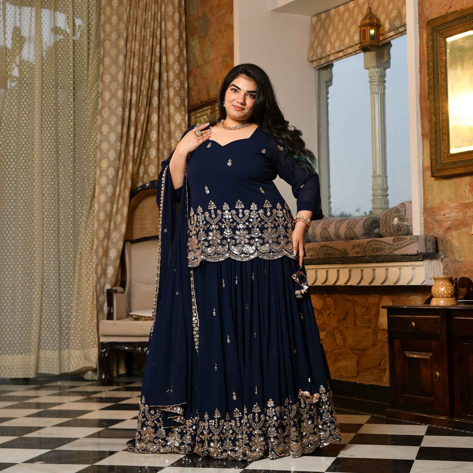 Dil Kya Kare- Navy Blue Cutdana Embroidered Georgette Lehenga Set