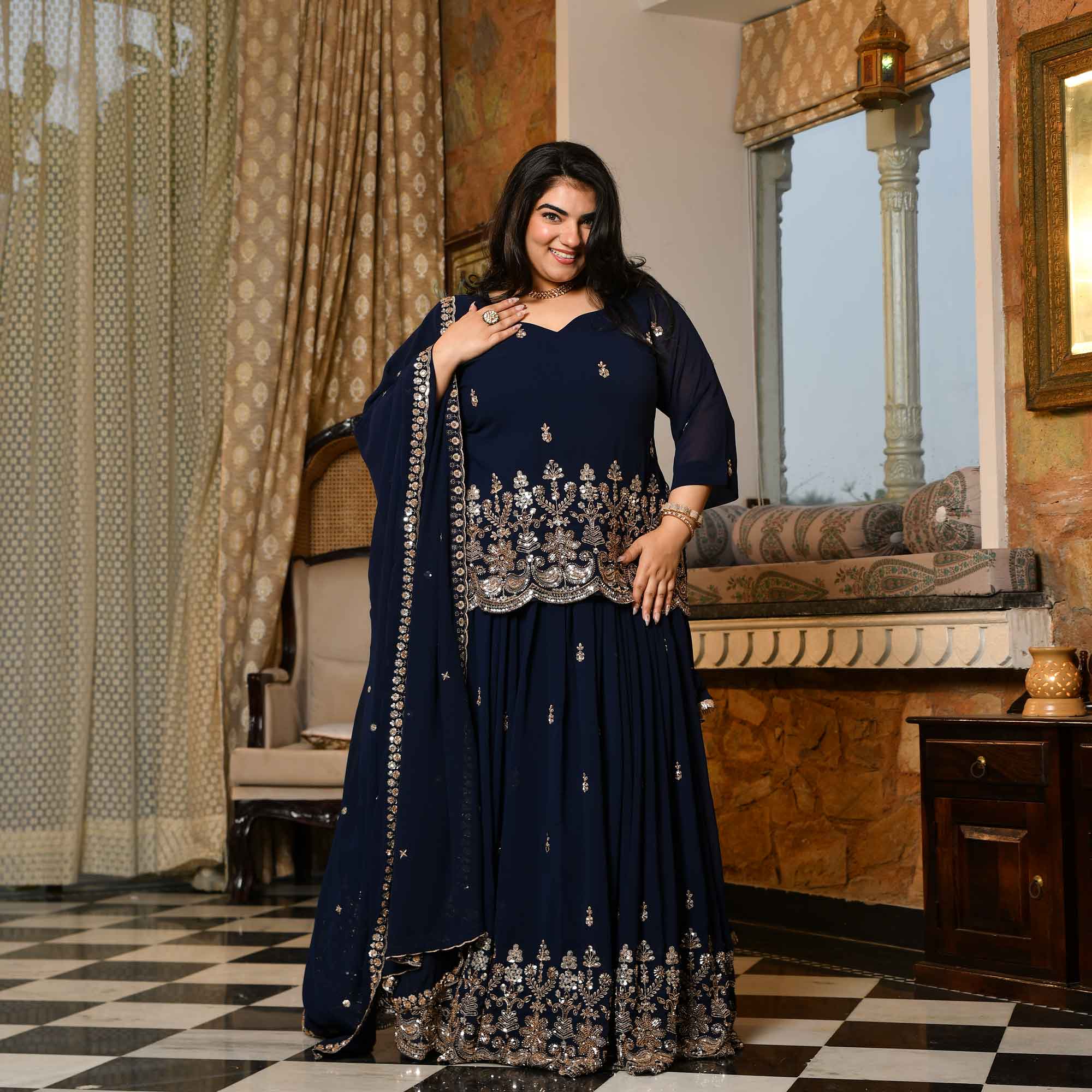 Dil Kya Kare- Navy Blue Cutdana Embroidered Georgette Lehenga Set
